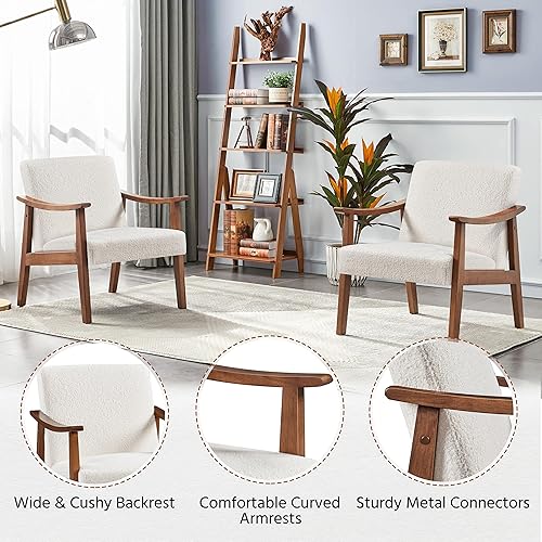 Miniatura 4 de Yaheetech Silla decorativa de tela, sillón moderno de mediados de siglo con patas de madera maciza, silla de lectura con respaldo alto para sala de