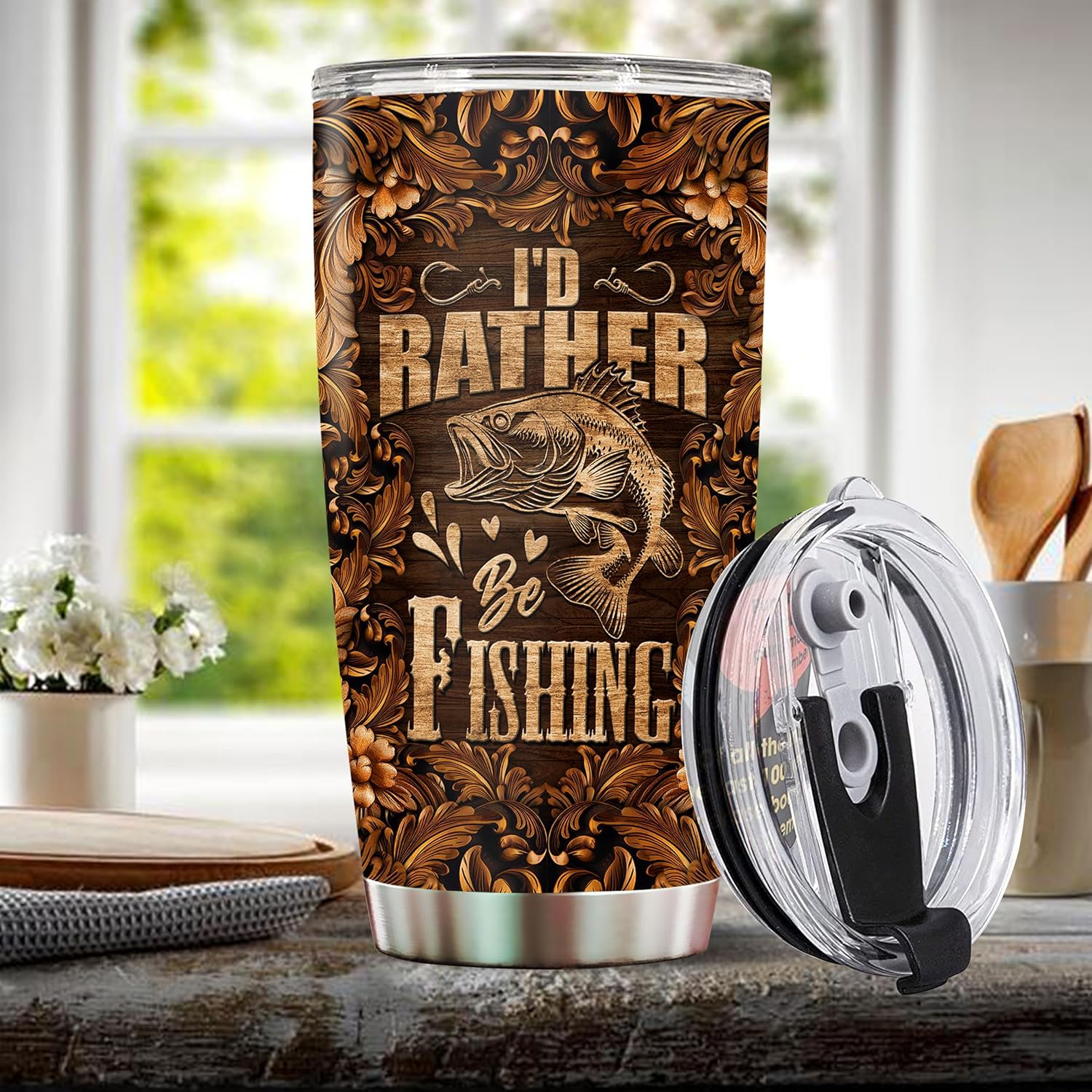 Fishing Tumbler for Men Wood Drawing 20oz Insulated Stainless Steel Cup with Lid Coffee Travel Mug Gift for Dad Fisherman Rather Be Fishing Lover - Image 5