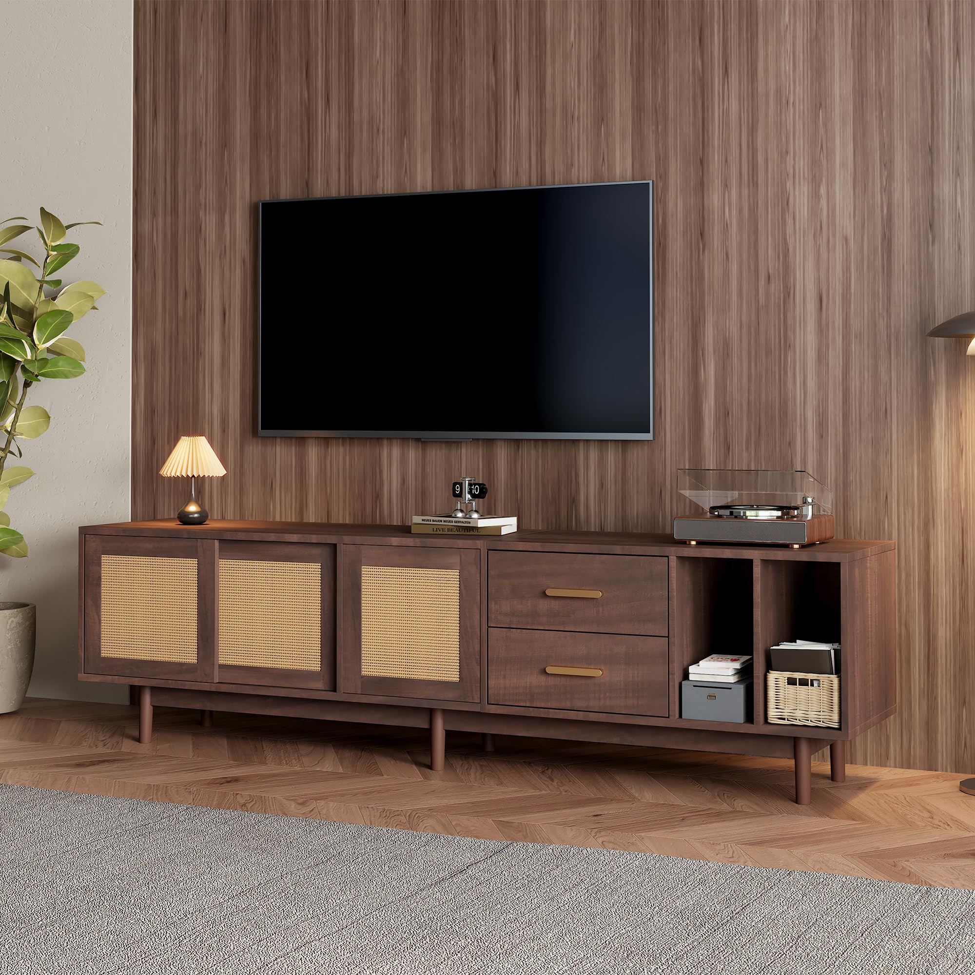 Merax Meuble TV Bas 190 cm pour TV 75 Pouces avec 3 Portes en rotin PE et 2 tiroirs, Buffet TV Design avec 2 Compartiments Ouverts, 6 Pieds Stables – 190x40x52 cm