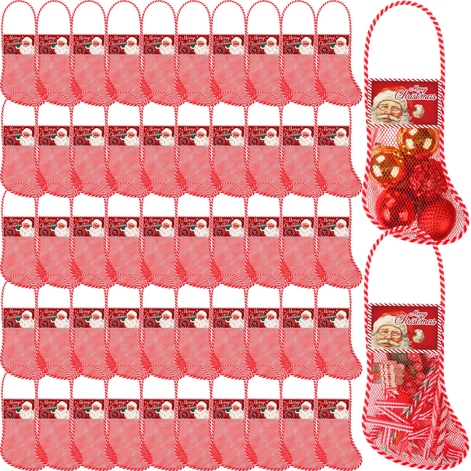 Leyndo 100 Pcs Long Mesh Christmas Stockings Bulk with 50 Christmas Stockings 50 18 Inches Santa Header Card Candy Cane Xmas Stocking for Event Gift Stuffing Family Holiday Party (Red, Green)