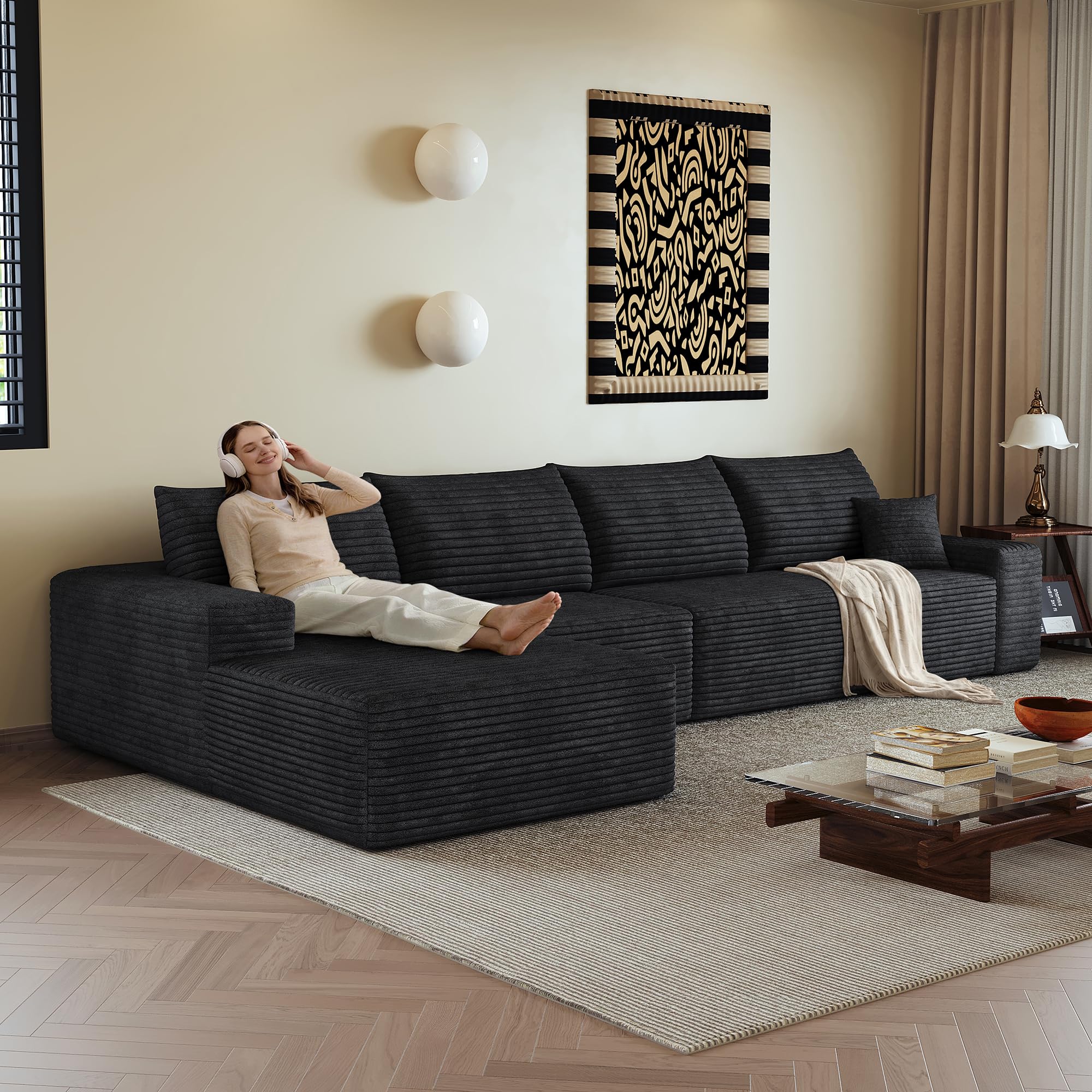 Canapé d'angle Convertible 4 Places 340cm Canapé Modulable - Sofa L Cloud en Velours Côtelé Compressé sous Vide - Grand Assise Profonde pour Salon, Chambre, Appartement - sans Outil