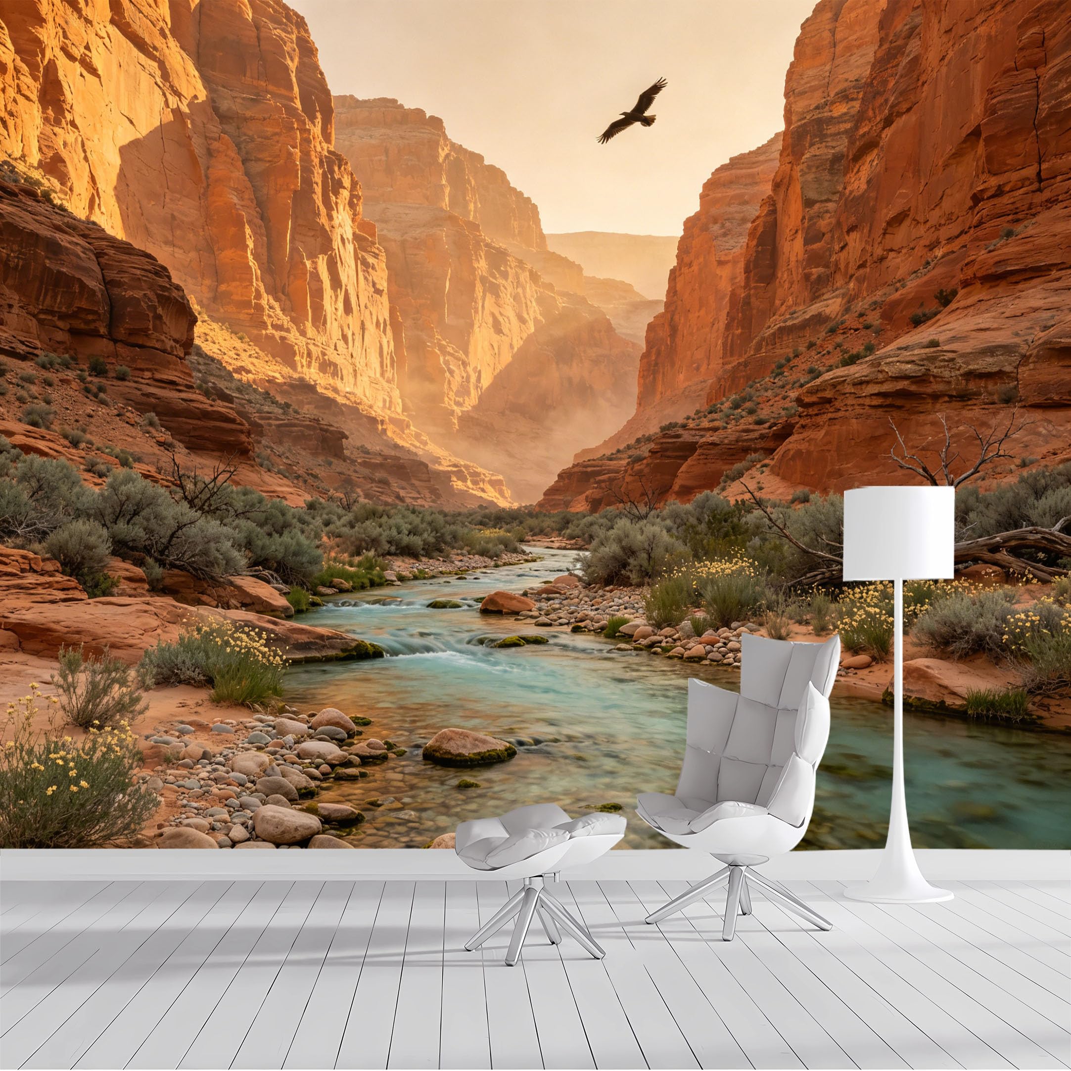 Custom Size Wall Mural Grand Canyon Desert River Eagle Flying Majestic Landscape Nature Realistic Painting SelfAdhesive Wall Fabric Removable Wallpaper for Living Room Bedroom Bathroom