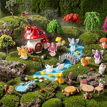 Poen 70 Pcs Fairy Garden Accessories Mini Garden Kit Miniature Fairy Figurines Landscape Decor with Mini Bridge Pond Mountain House Figurines Swan Ladybug Butterfly Figures Bulk for Dollhouse Craft