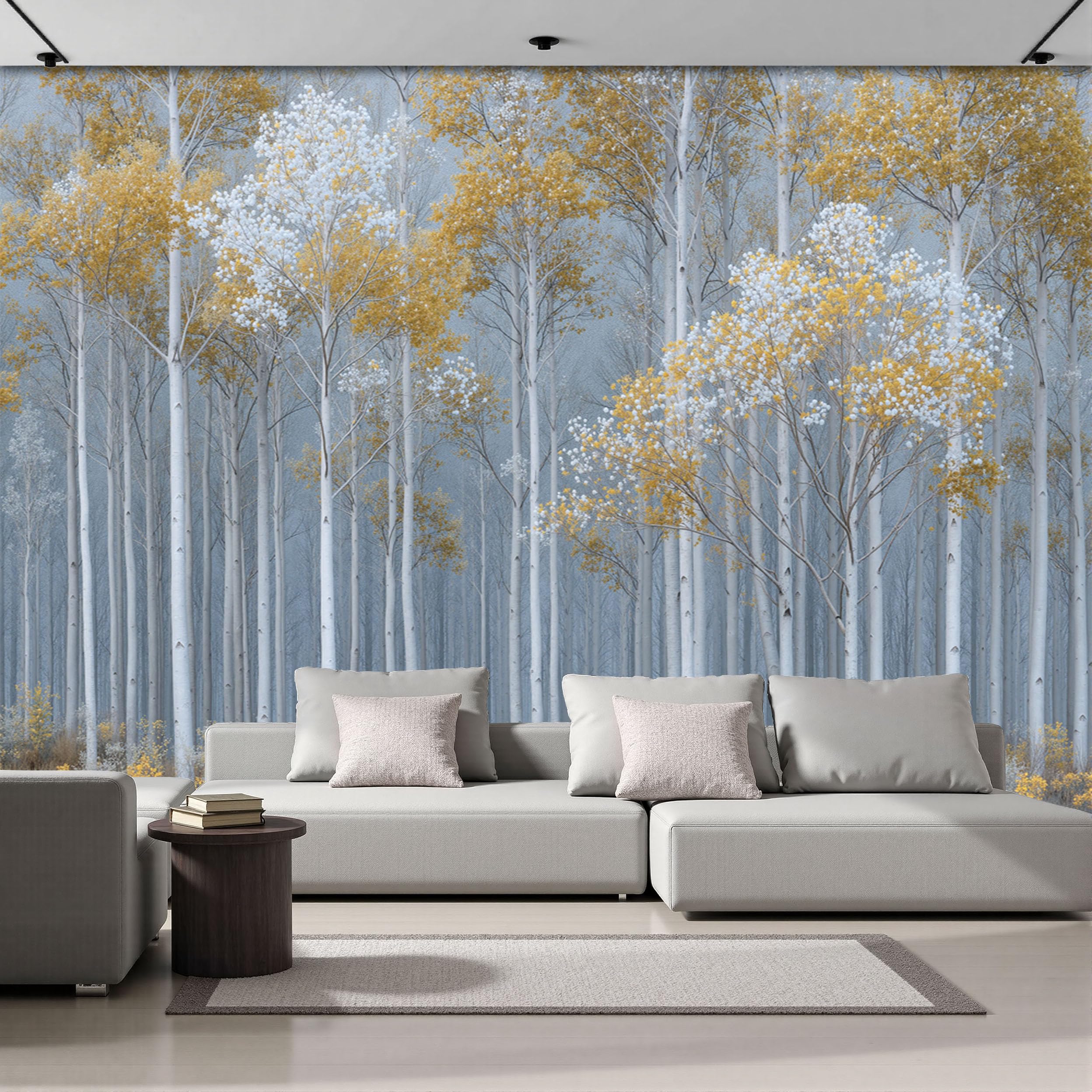 Papier peint panoramique salon chambre tapisserie photo arbres gris jaune 300x210