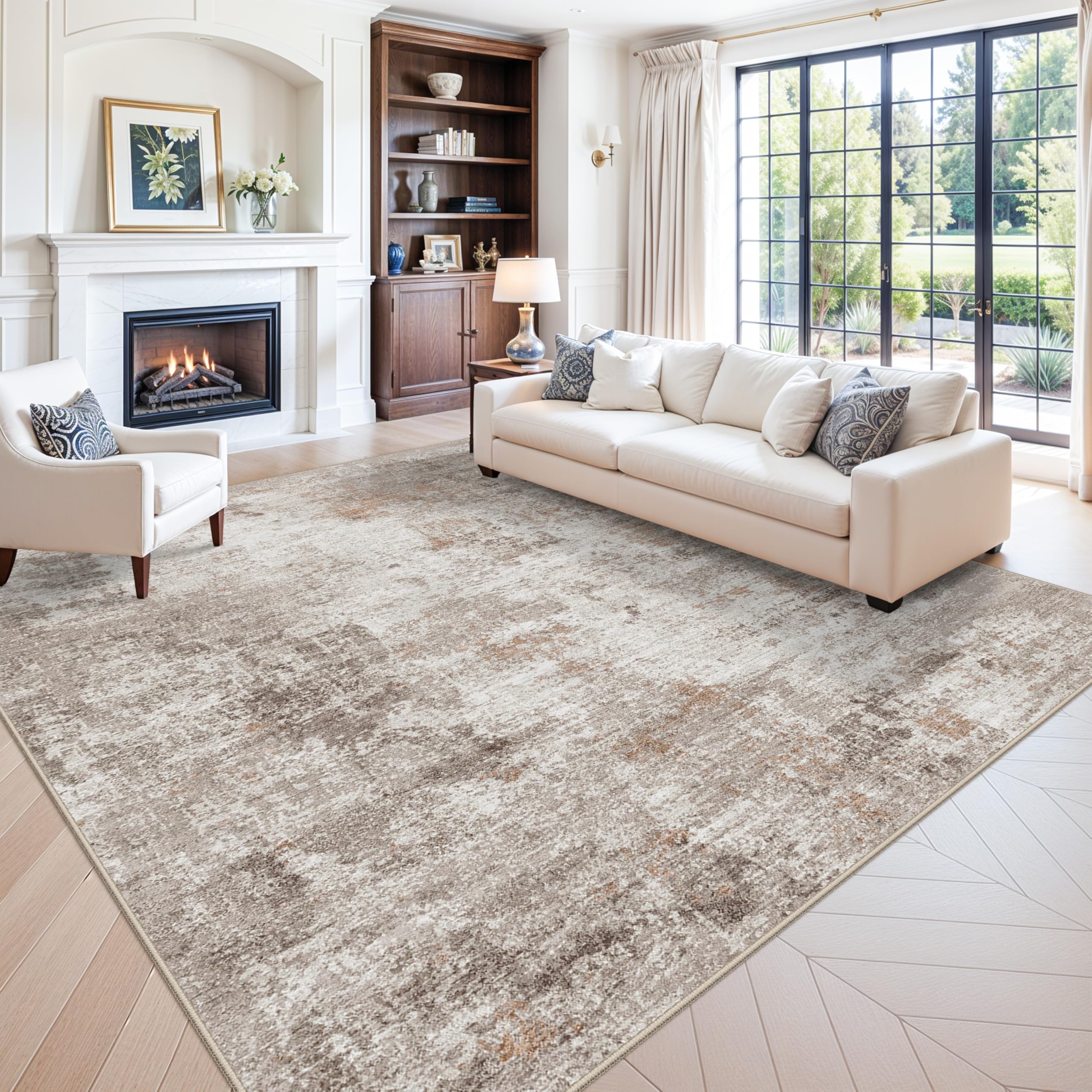 Tapis carré beige lavable et extra large pour grand salon moderne