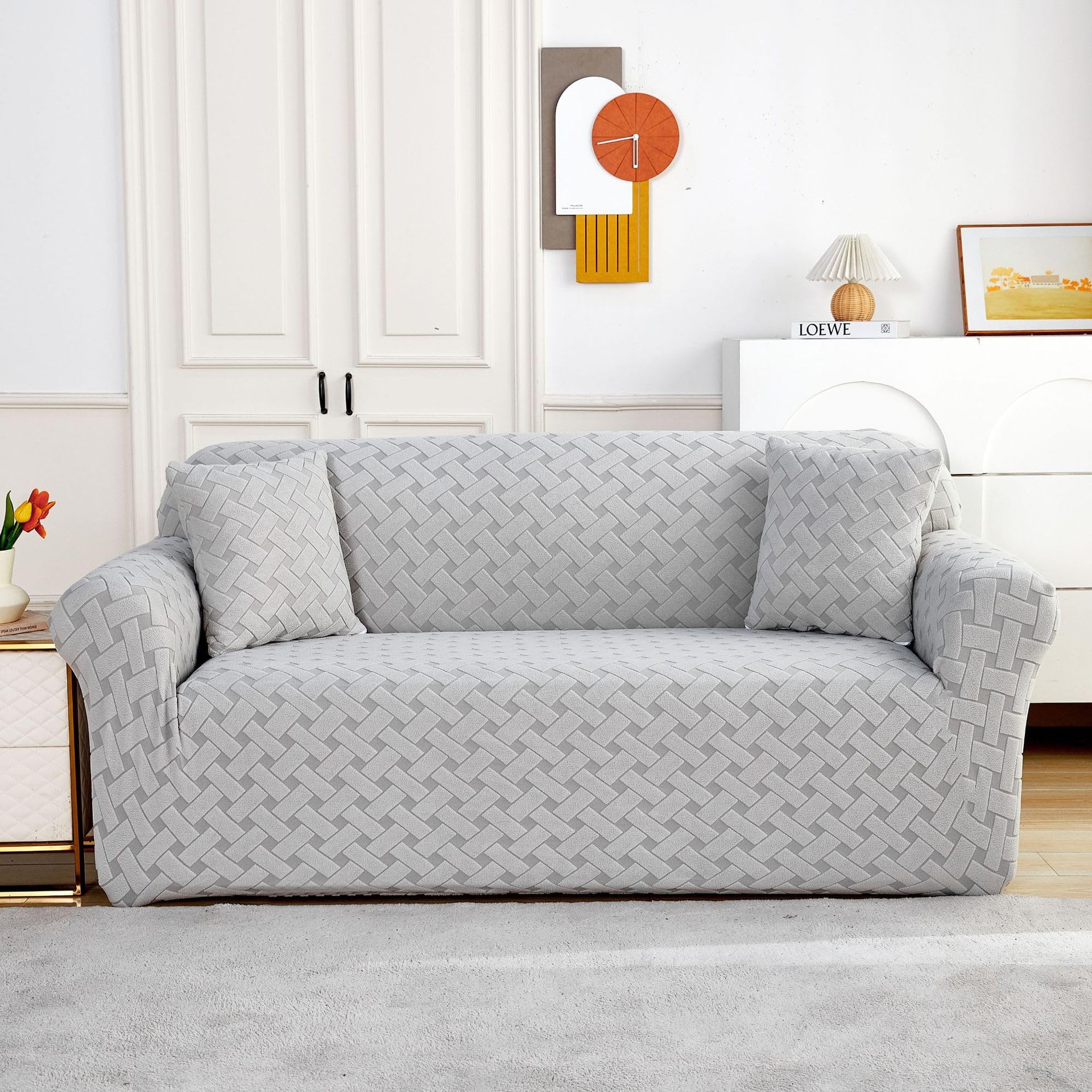 Housse de canapé extensible jacquard élasthanne antidérapante grise 4 places