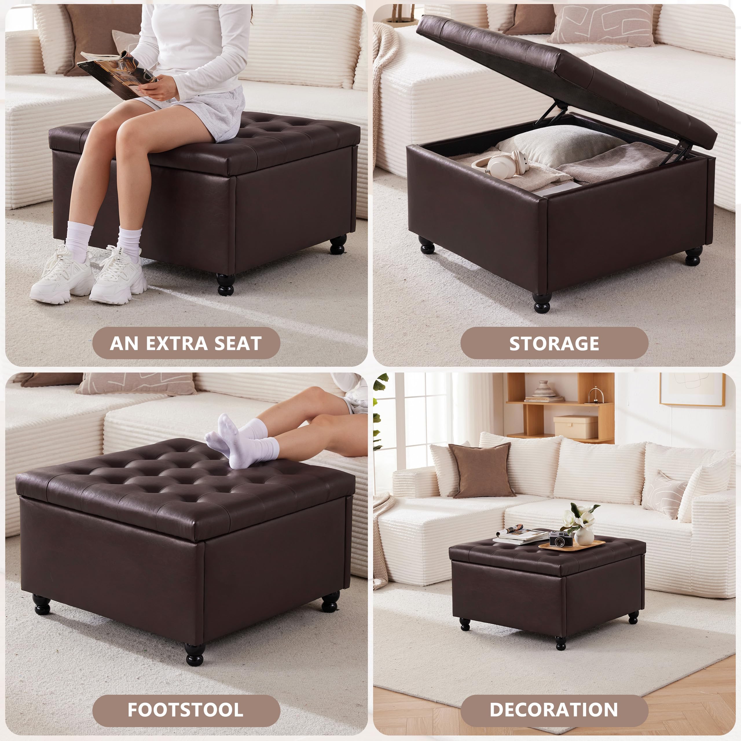Best Leather Square Ottoman Picks for 2026 2 Weture 30' Large Square Ottoman with Storage, Leather Ottoman Coffee Table, Brow — product photo
