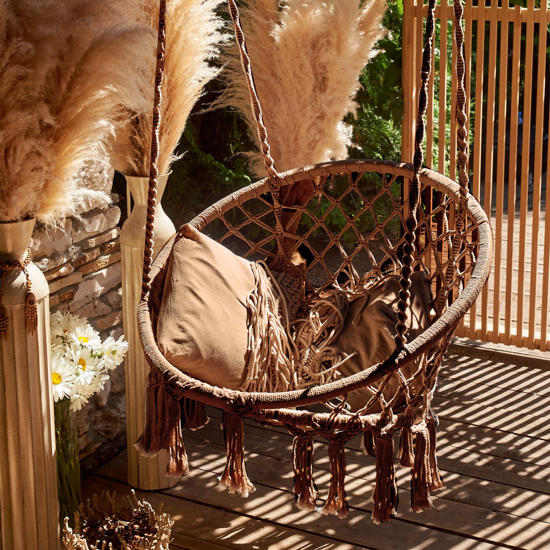 Rebecca Mobili Sedia Appesa, Poltrona a Dondolo, Marrone, Acciaio Policotone, per Esterno o Interno, Robusta, Stile Boho - Misure HxLxP: 120 x 80 x 60 cm - Art. RE7176