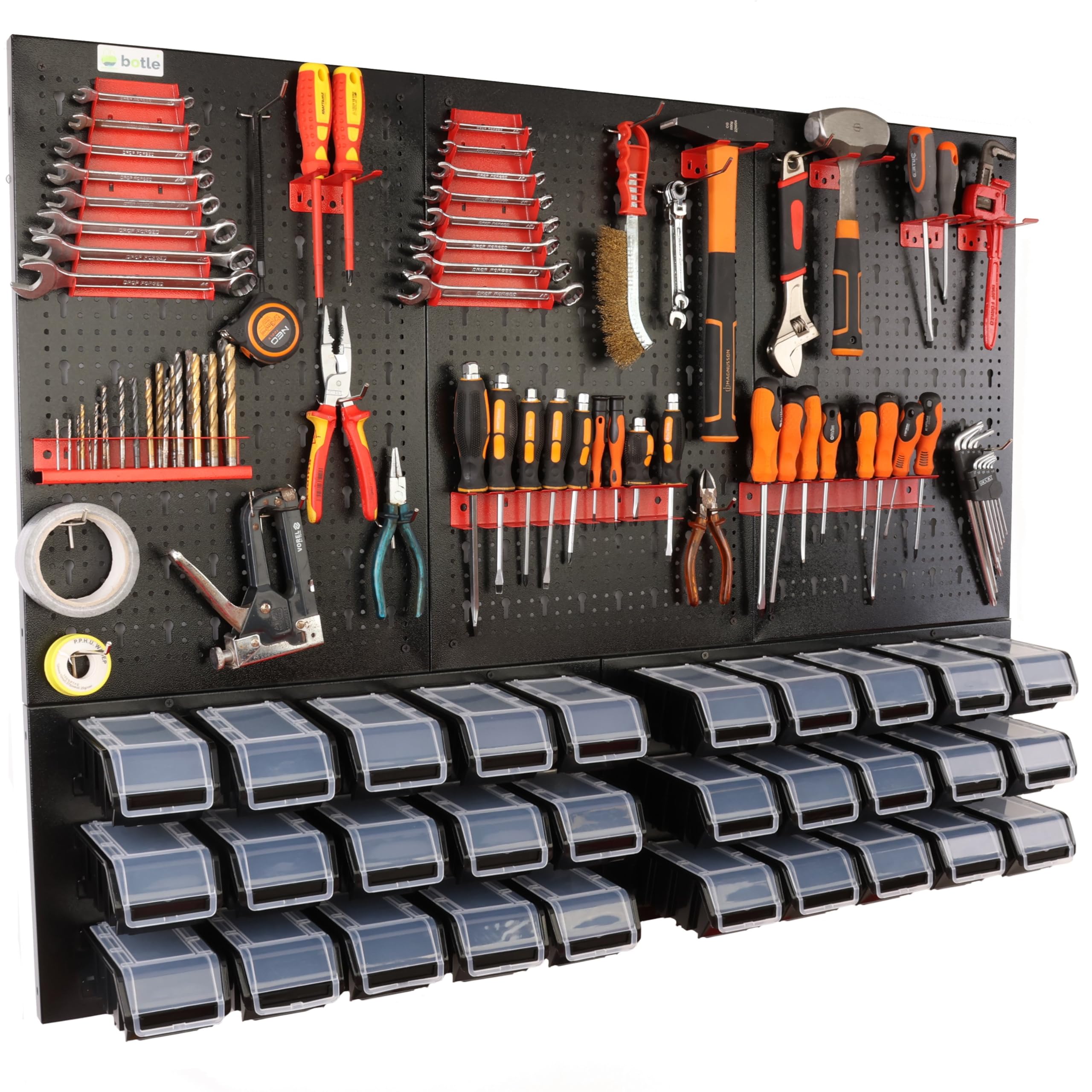 botle® Werkzeugwand Lochwand aus Metall, Stapelboxen + Wandregal + Werkzeughalter 47-TLG Set, Kleinteilelager, Wandwerkstatt mit 20 stapelbaren Behältern, Hängeregal Sortierregal
