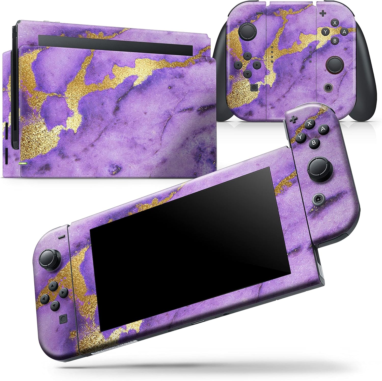 Design Skinz - Compatible with Nintendo Switch Console Bundle - Skin Decal Protective Scratch-Resistant Removable Vinyl Wrap Cover - Purple Marble & Digital Gold Foil V1