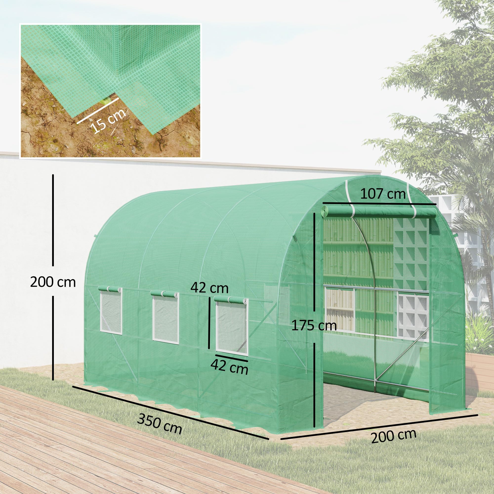 Outsunny Invernadero de Exterior 3,5x2x2 m Invernadero de Túnel con Cubierta de PE 140 g/m² para Cultivo Plantas Verduras Frutas en Jardín Terraza Verde