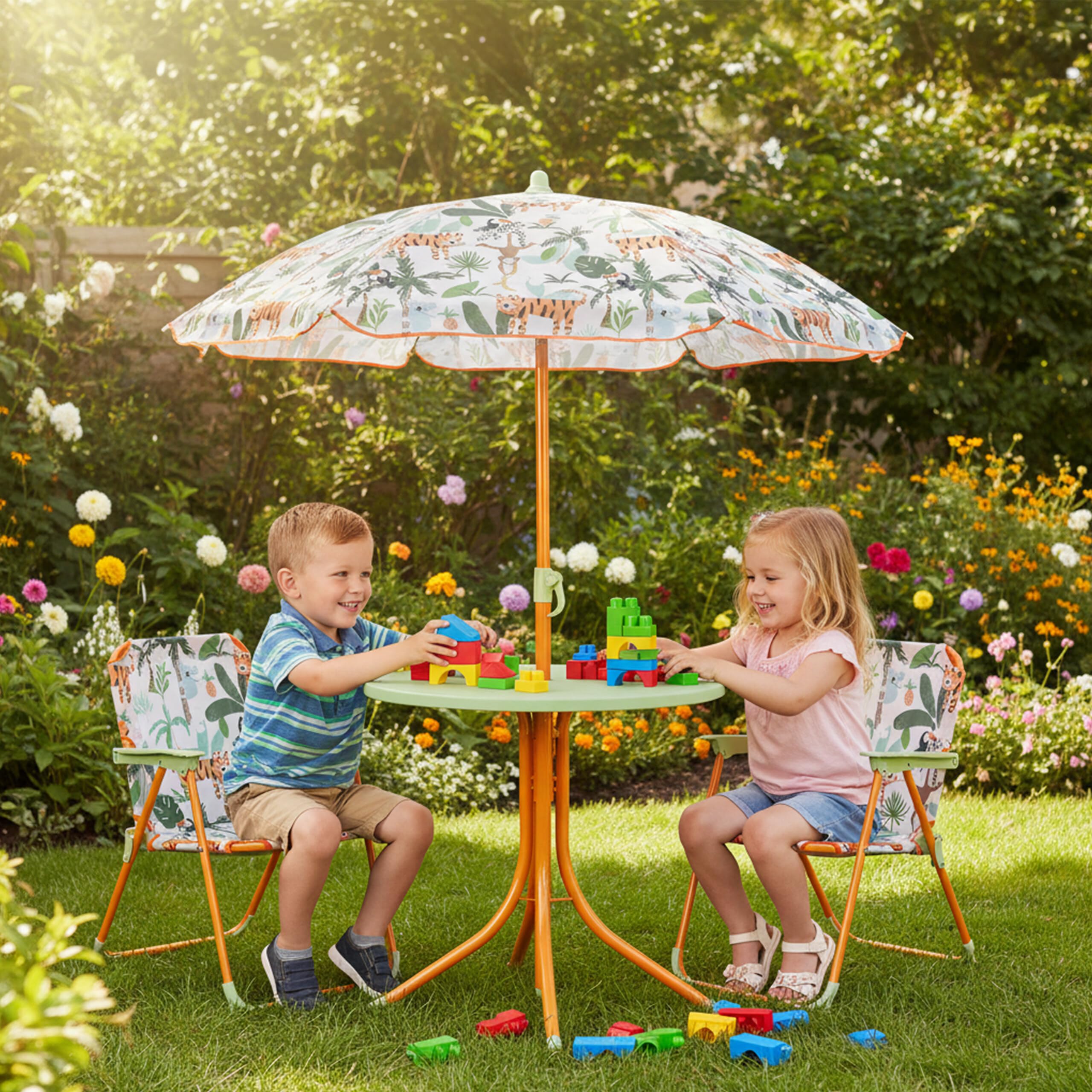 Relaxdays Tavolo Bambini con Ombrellone, Set 2 Sedie, da Campeggio e Giardino, Tavolino Picnic