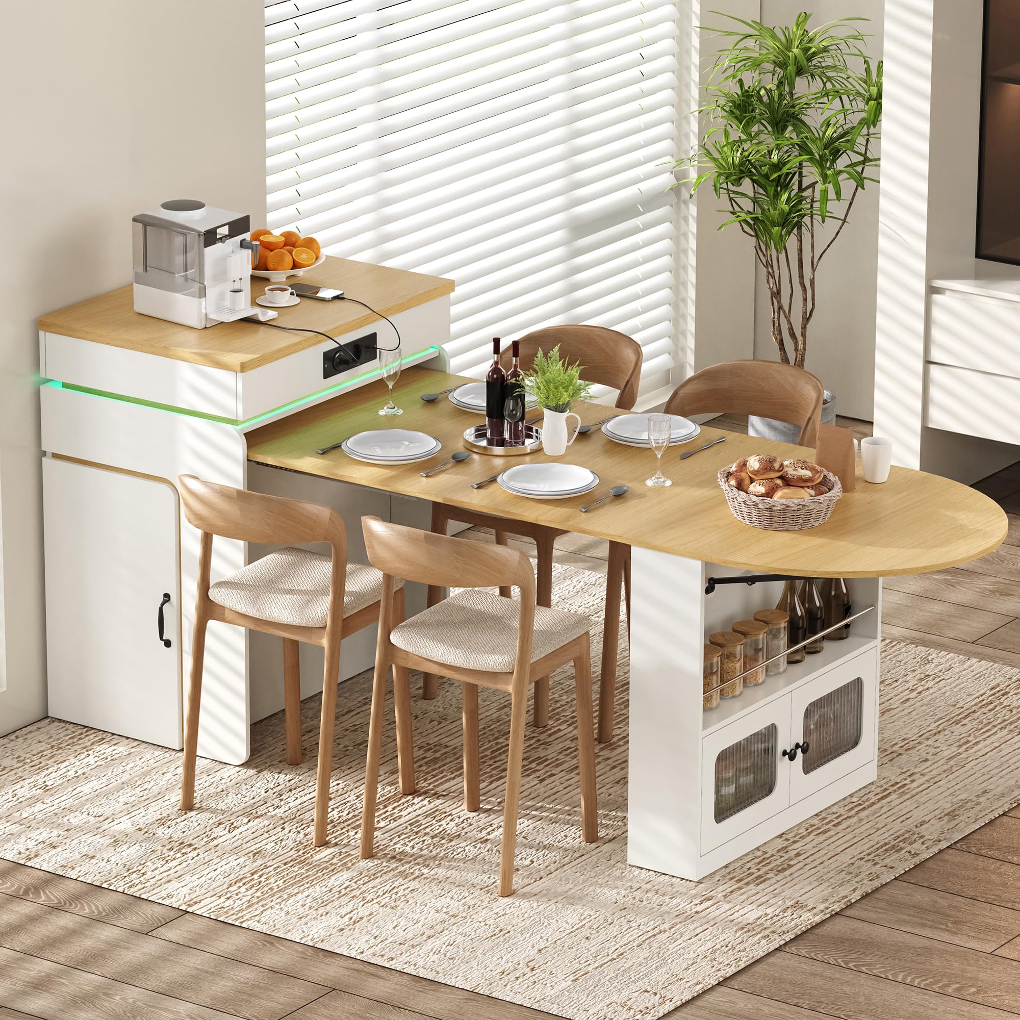 Isola da cucina con ruote, tavolo da pranzo allungabile, credenza con cassetti, credenza o tavolo da bar per cucina e sala da pranzo, bianco
