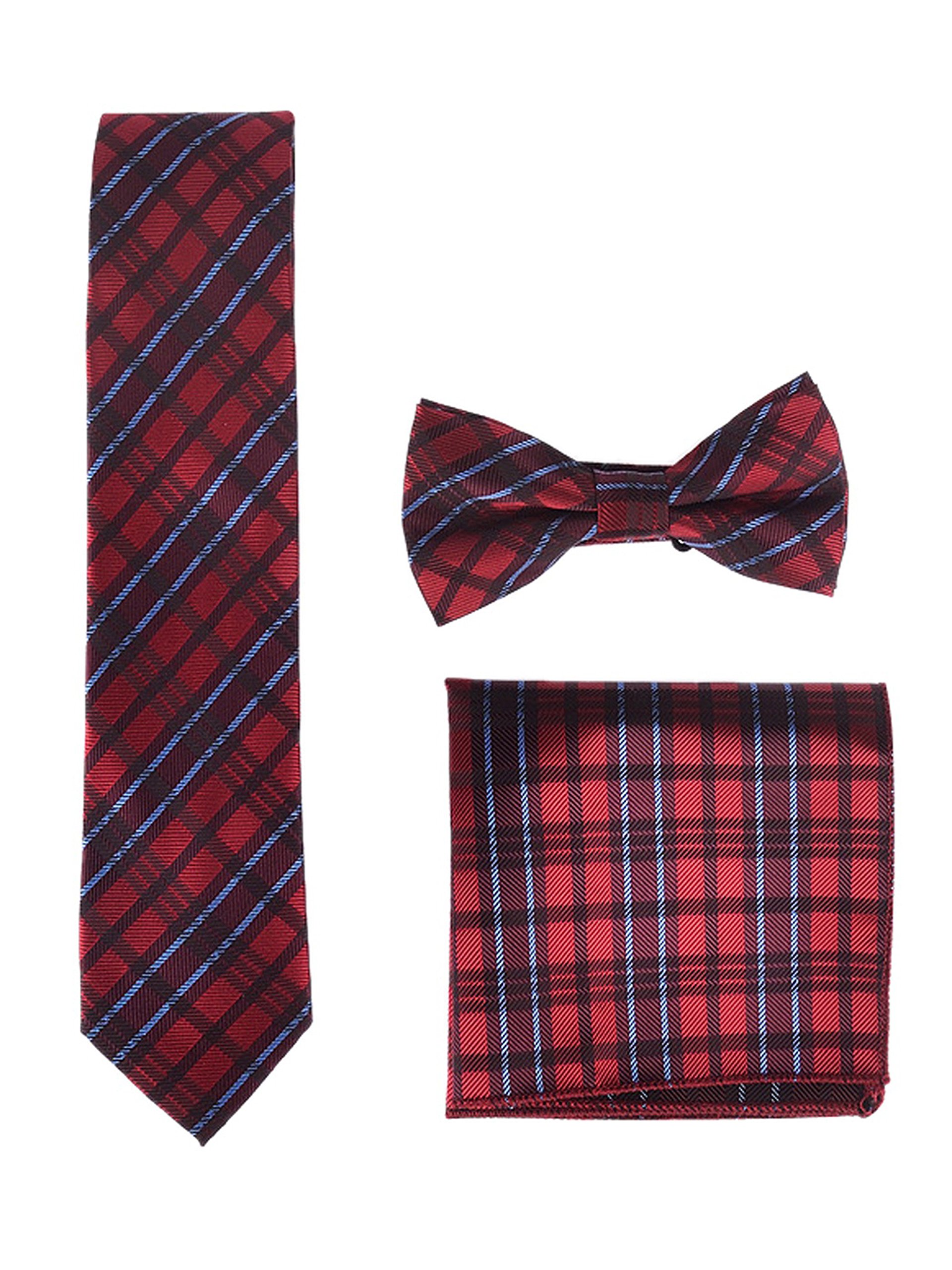 Wanying Men's Mt07 6 * 12Cm Bowtie & 6Cm Narrow Necktie & 22 * 22Cm Pocket Squares 3 In 1 Sets - Checkered Dark Red
