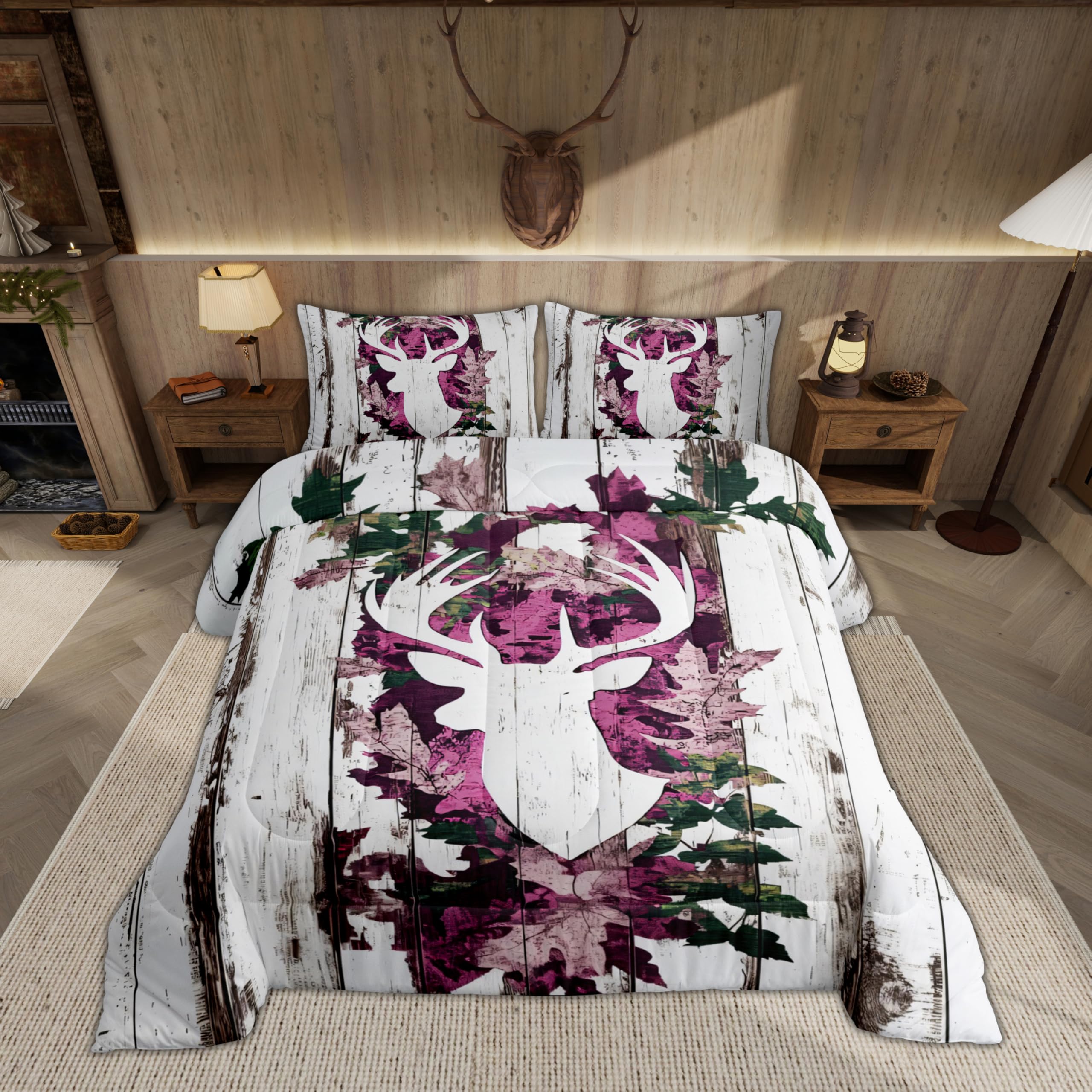 Feelyou Deer Hunting Comforter Kids Full Size Pink Camo Deer Bedding Set Boys Girls Deer Antlers Army Camouflage Comforter Western Duvet Insert with 2 Pillow Case