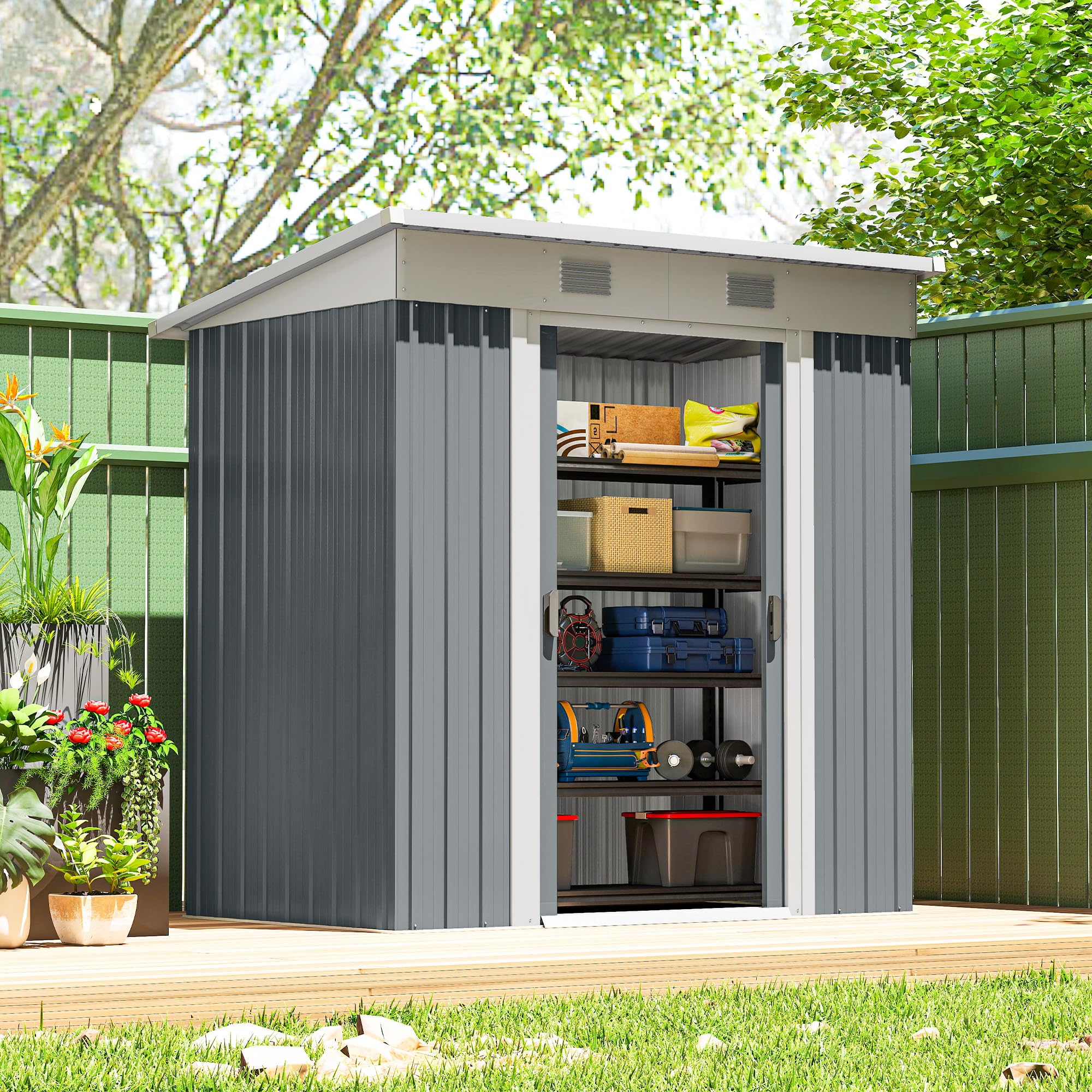 Outsunny 7' x 4' Outdoor Storage Shed, Metal Garden Tool Storage House Organizer with Lockable Sliding Doors and Vents for Backyard Patio Lawn, Charcoal Grey — view 10