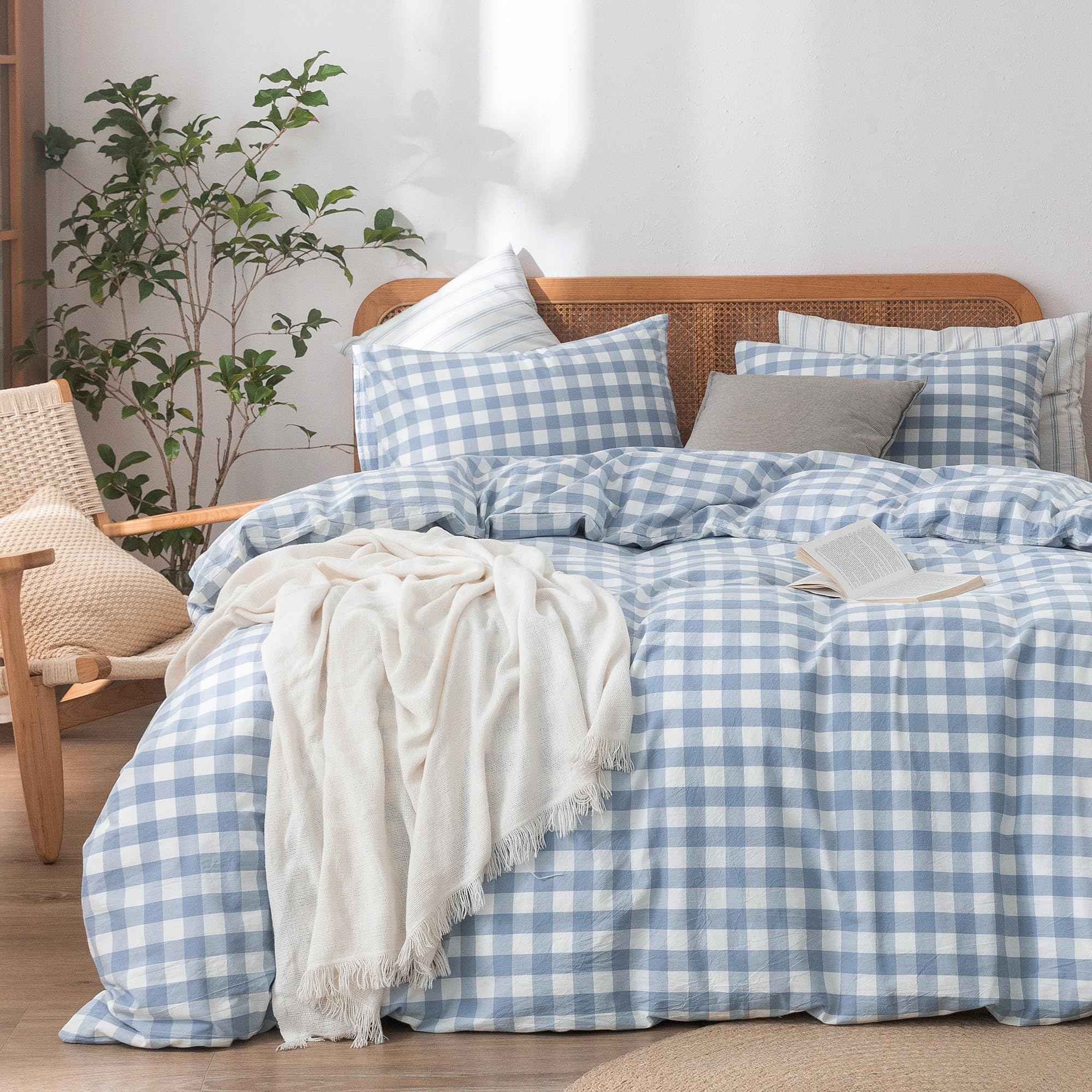 BESTOUCH Gingham Cotton Duvet Cover Set Cornflower Blue Oversized Full