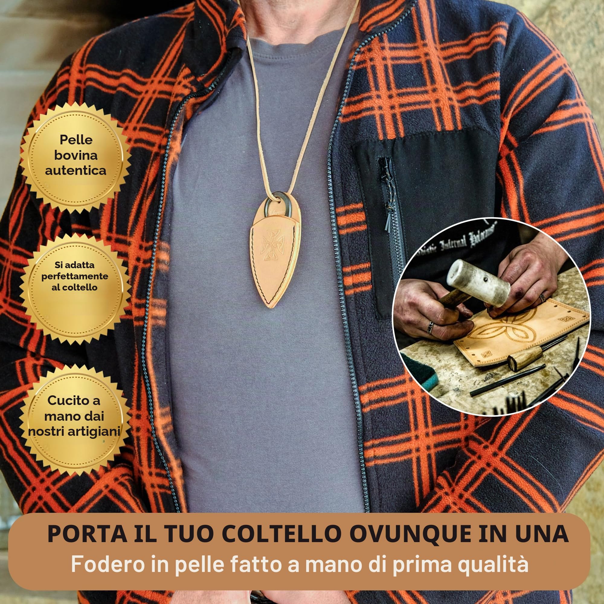 TOFERNER Coltello da caccia a lama fissa Coltello in acciaio Celtico – Forgiato a mano & Vintage Look – Lama a punta ultra affilata – Inclusa custodia in vero cuoio