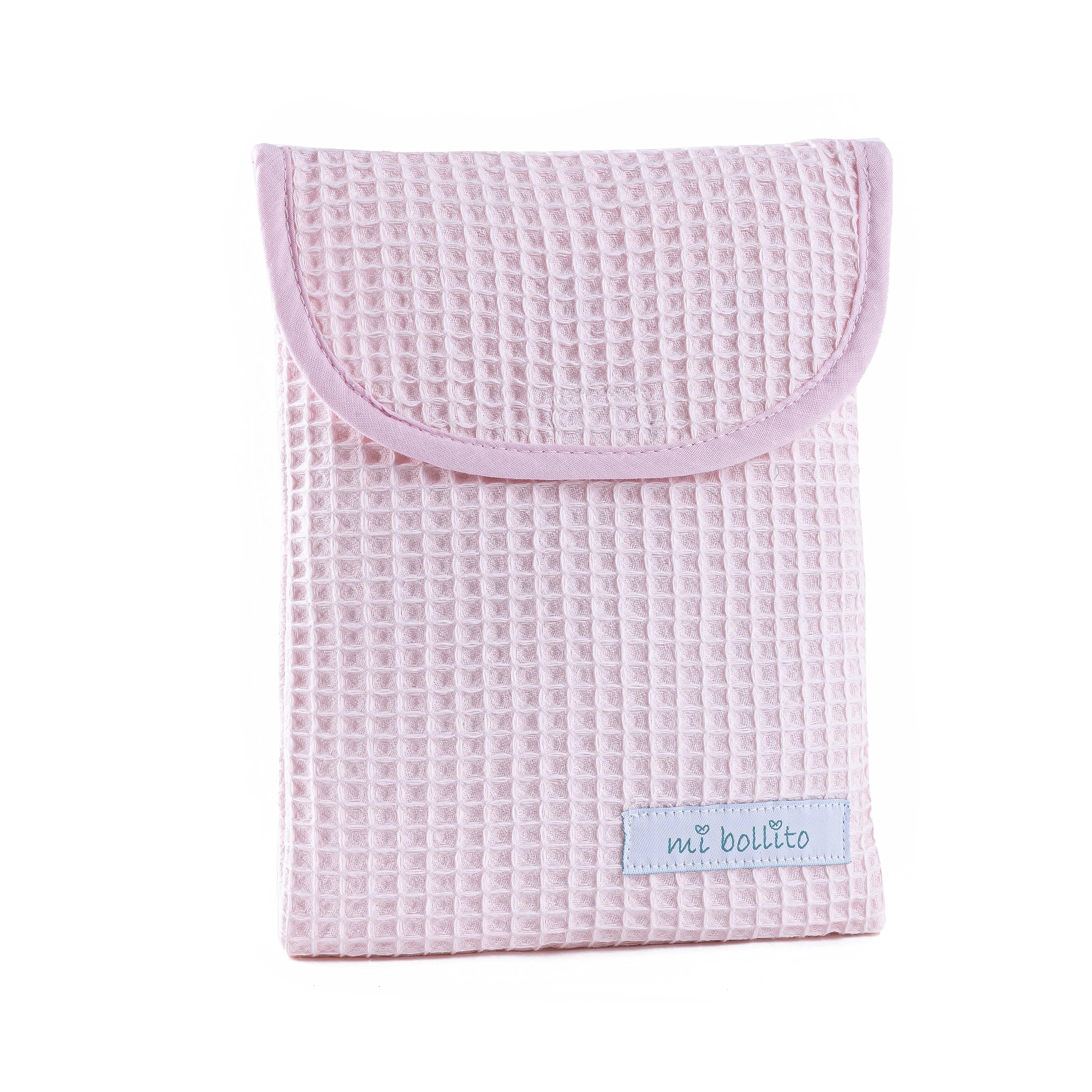 mi bollito Organiser bag for diapers and baby wipes 100% cotton waffle fabric, quick Velcro closure, practical and stylish., light pink