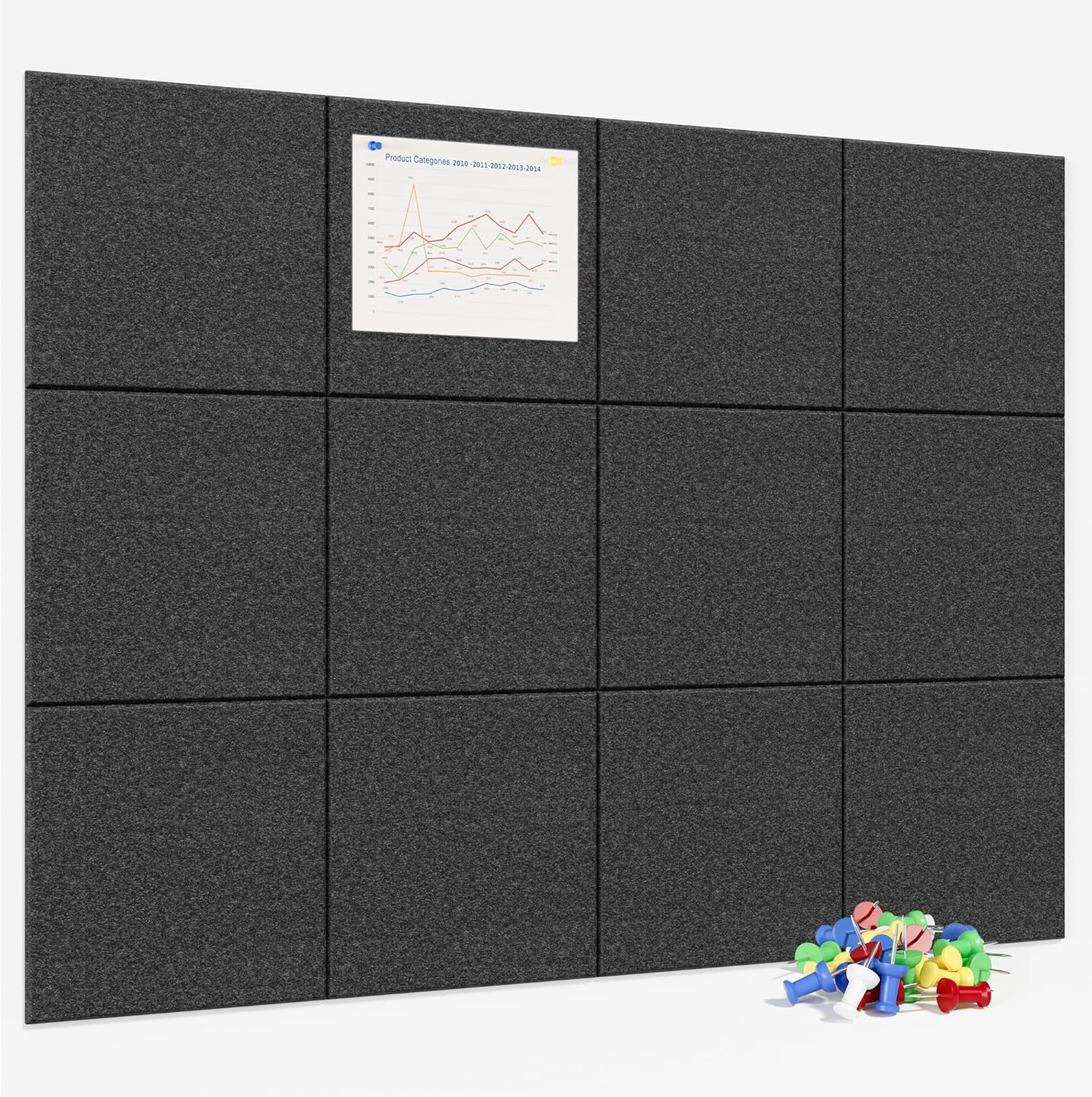 Large cork board with 12 felt tiles, 48" x 36"
