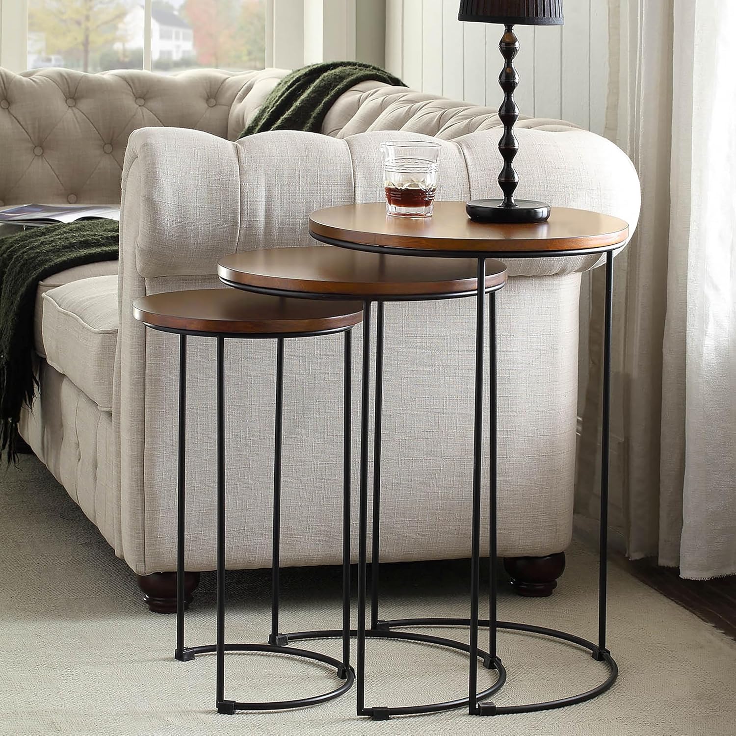 Carolina Chair & Table Astra Round Nesting 3-Piece Tables Set - Modern Powder Coated Black Metal Frames with Stained Wood Tops - Space Saving Accent Furniture for Living Room, Bedroom (Chestnut/Black)
