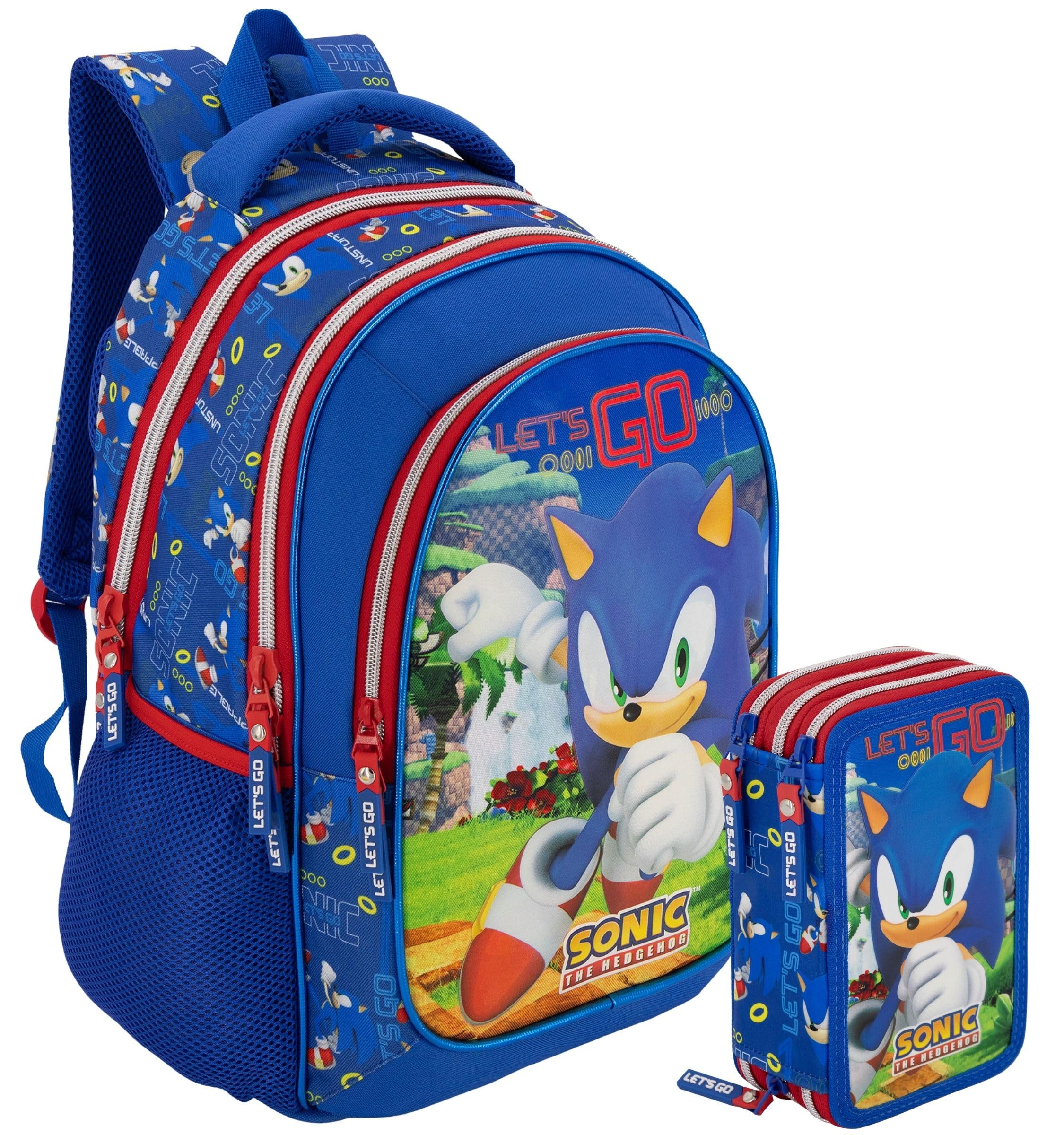 Clondo Zestaw szkolny dla dzieci plecak szkolny podstawowej 43 cm ergonomiczny + piórnik 3 kompletne przegródki (46 akcesoriów) | Postacie z pakietu szkolnego, Sonic 26, Grande, Plecak z pokrowcem