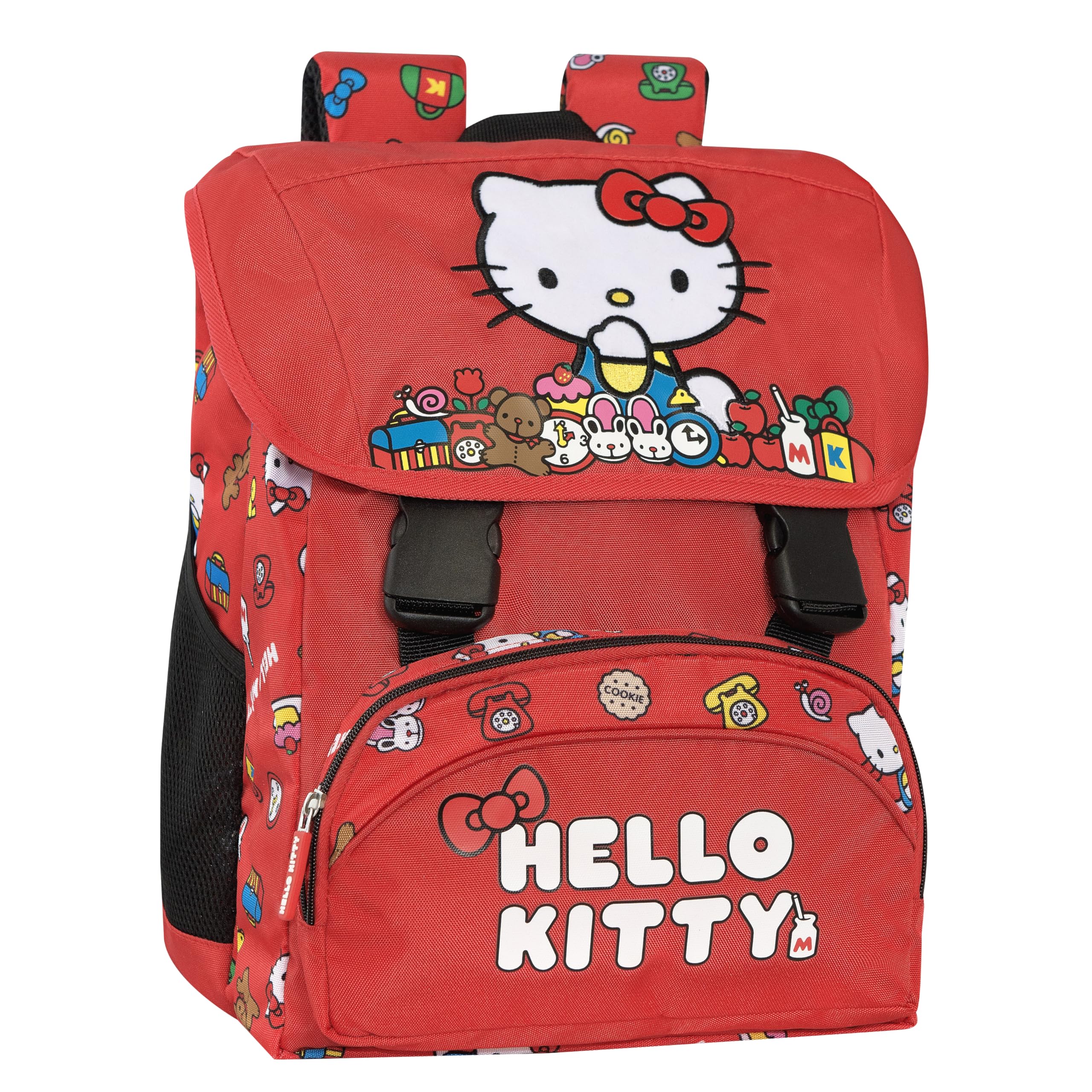 HELLO KITTY - Zaino Scuola Elementare Ufficiale Hello Kitty, Chiusura a Patta, 2 Scomparti Centrali, Tasca Frontale, Spallacci Regolabili e Imbottiti, Retro e Fondo Termoformati, 26x37hx22 cm