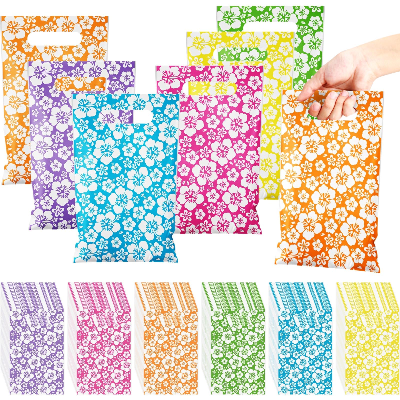 Kolldenn 120 Pcs Plastic Hibicus Gift Bags Bulk Hawaiian Candy Goodie Treat Bags with Handle for Summer Party Favor Supplies Decoration