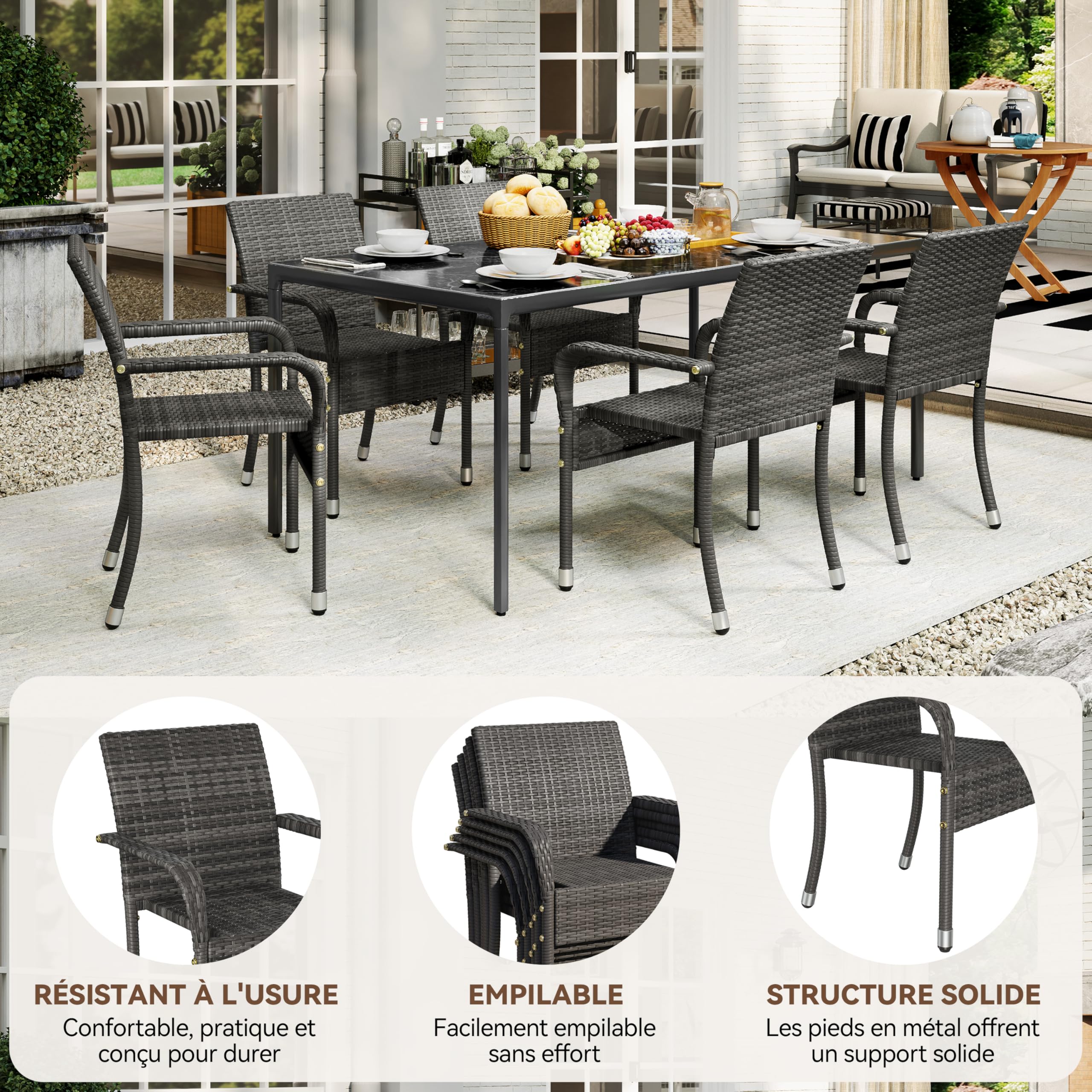 Abician Lot de 6 Chaises de Jardin en Rotin Synthétique Fauteuils Empilables d'Extérieur avec Accoudoirs Cadre en Métal Terrasse Véranda Balcon Salon Salle à Manger Gris