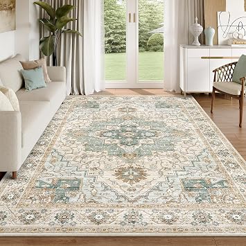 6x9 Area Rugs for Living Room, Machine Washable Non Slip Vintage Rug, Non-Slip Stain Resistant, Large Soft Home Decor Rug for Bedroom Dining Room Green/Beige, 6x9