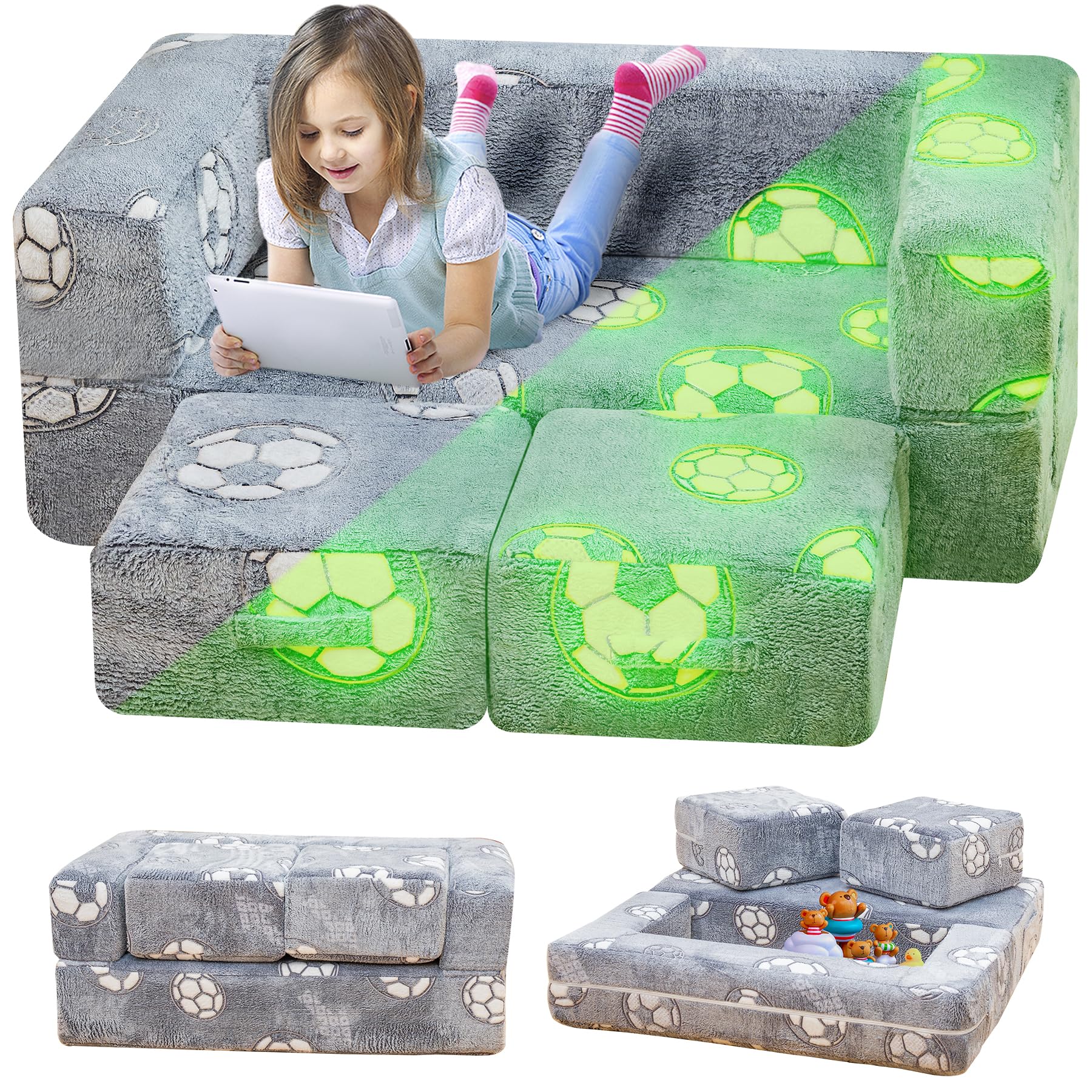 furlinkhm Toddler Couch, Glow in The Dark Kids Play Couch Toddler Fold Out Couch, Kids Fold Out Couch for playroom, Convertible Baby Fold Out Play