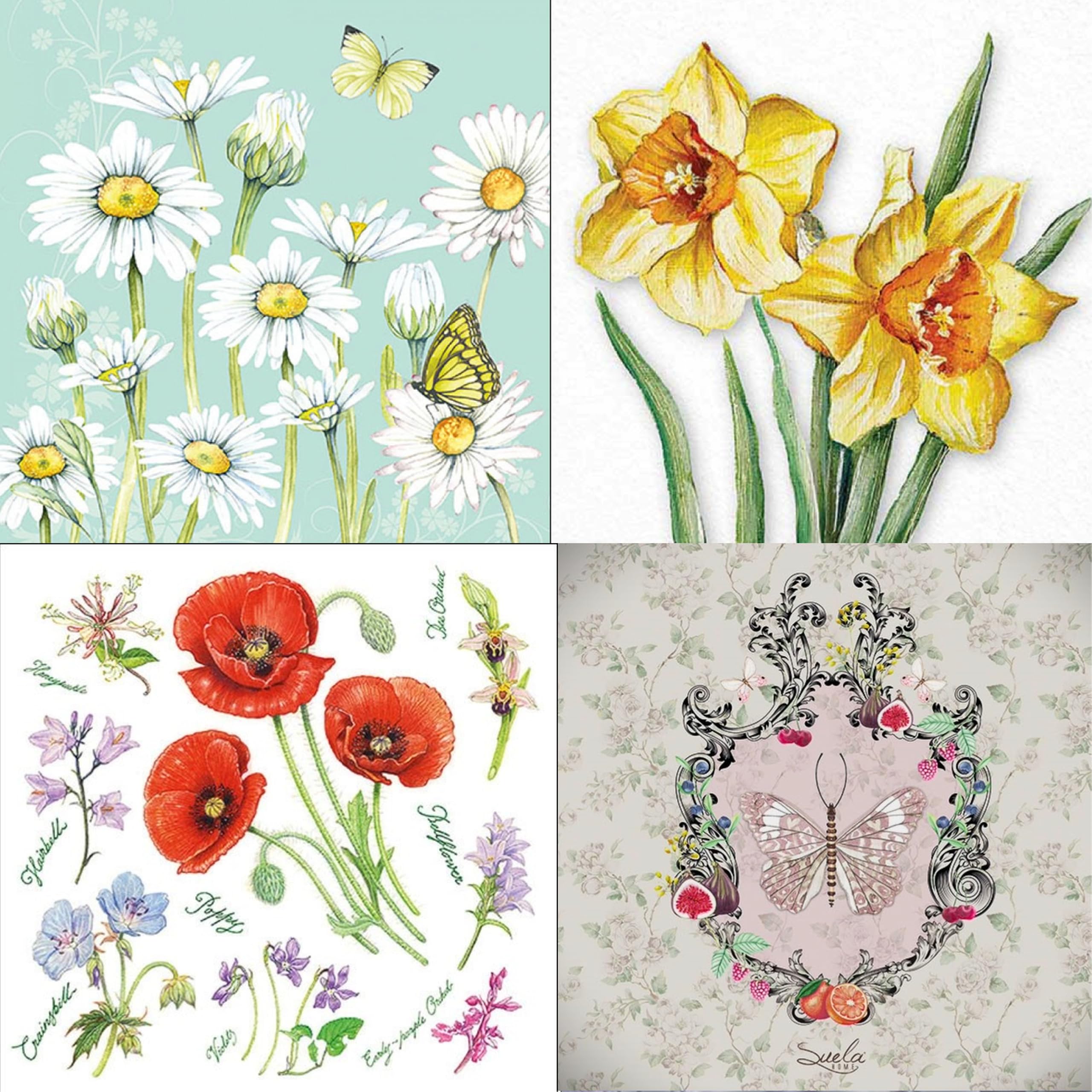 Decoupage Tissue Paper Napkin Kitchen Flower Herbs Poppies print - 4 Decoupage Tissues Napkins-1 napkins of each design - total 4 pc