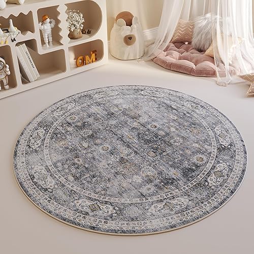 Miniatura 6 de Rugcomf Alfombra redonda lavable de 4 pies, antideslizante, de pelo bajo, bohemio, pequeña, circular para dormitorio, baño, entrada, habitación de