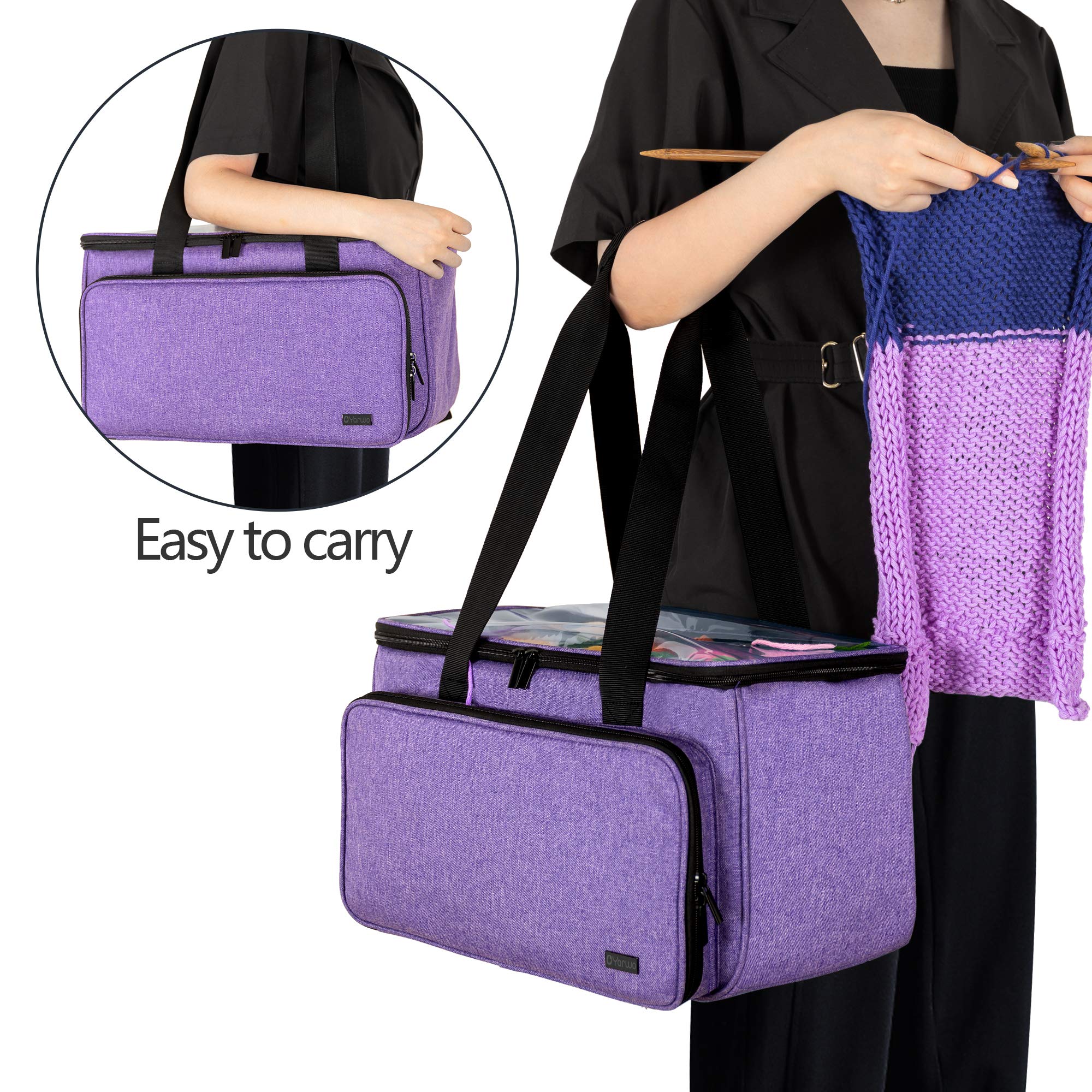 Yarwo Sac à Tricoter, Sac de Rangement pour Laine et Aiguilles à Tricoter, Organisateur avec Poches pour Projets Inachevés, Violet, Sac Vide