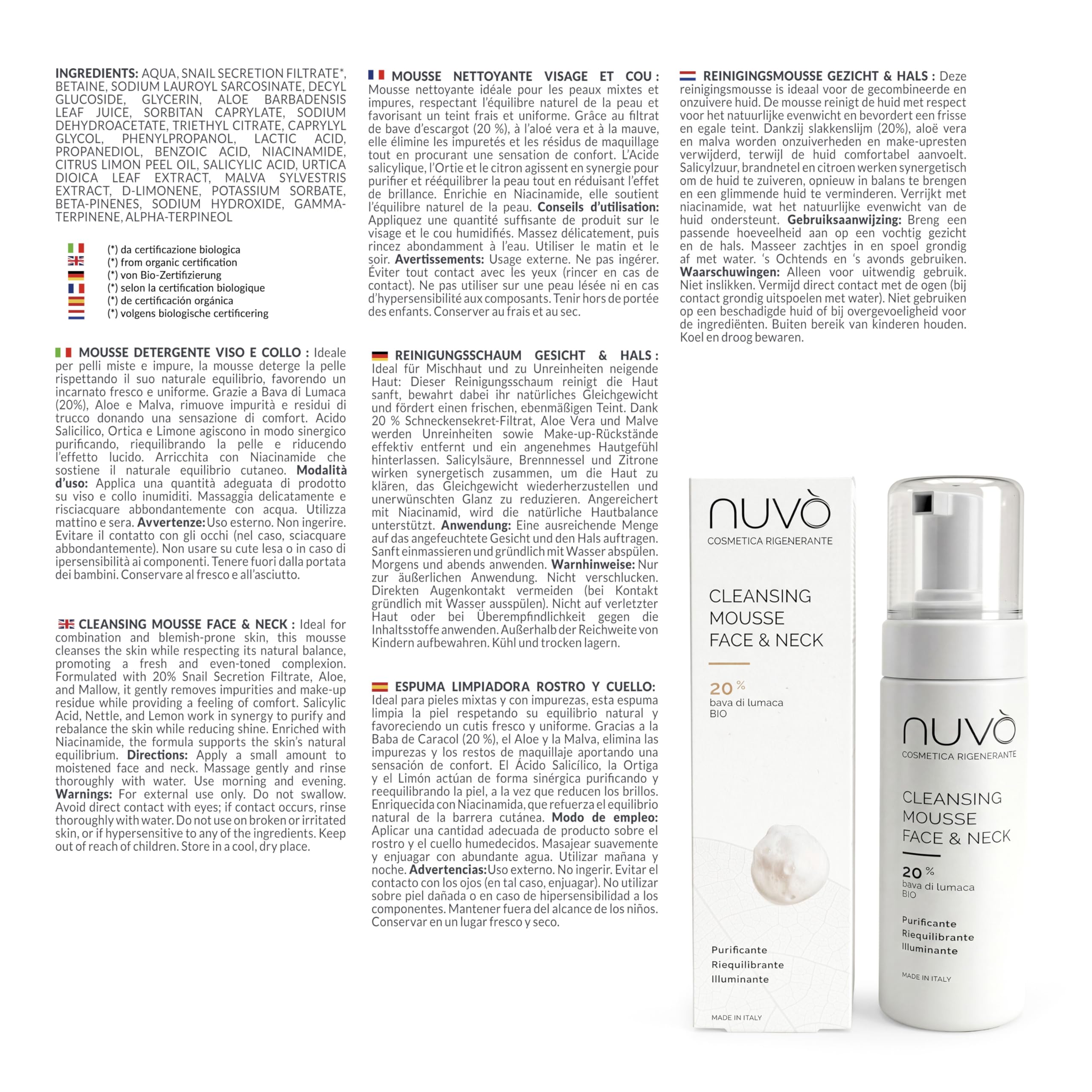 Nuvò – Mousse Detergente Viso alla Bava di Lumaca Bio, 150 ml, Detergente Viso per Pelli Miste con Aloe, Malva e Acido Salicilico, Ideale per Uomo e Donna per Skincare Purificante, Made in Italy