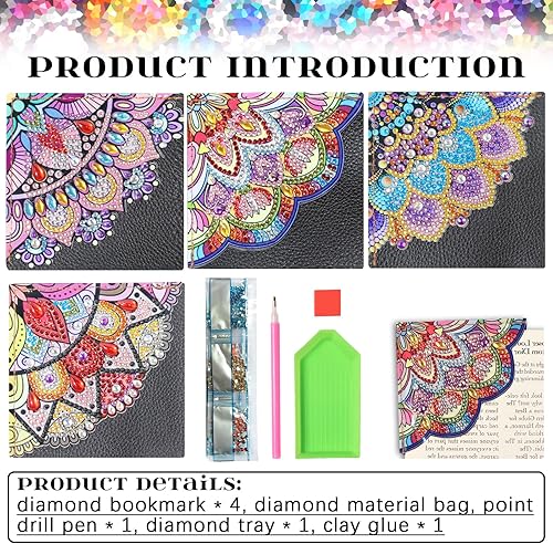 Miniatura 2 de antor Juego de 4 piezas de pintura de diamante, marcapáginas de mandala, de cuero, para manualidades, pintura de cristal con forma especial 5D por