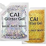 Face, Body & Hair Glitter Gel - Halloween Glitter for Kids and Women - 3 Oz Cosmetic-Grade Gel w/Moon & Stars for Festivals & Halloween Party, Easy Apply & Wash Off - Silver/Gold 2Pack