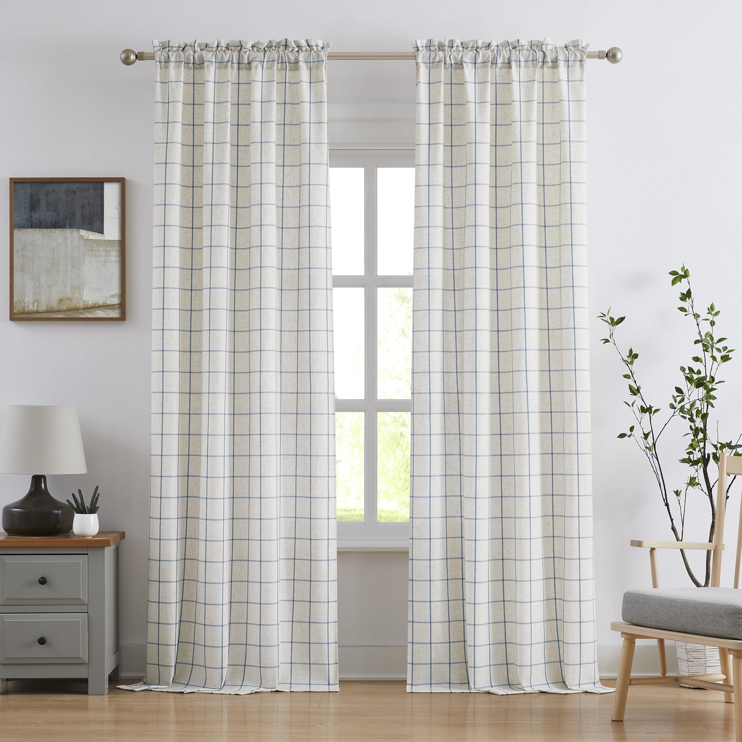 Amzdecor Buffalo Plaid Window Treatment Set,Light Filtering Curtain Woven Lines Pattern Drapes for Living Room and Bedroom, Semi Sheer Rod Pocket
