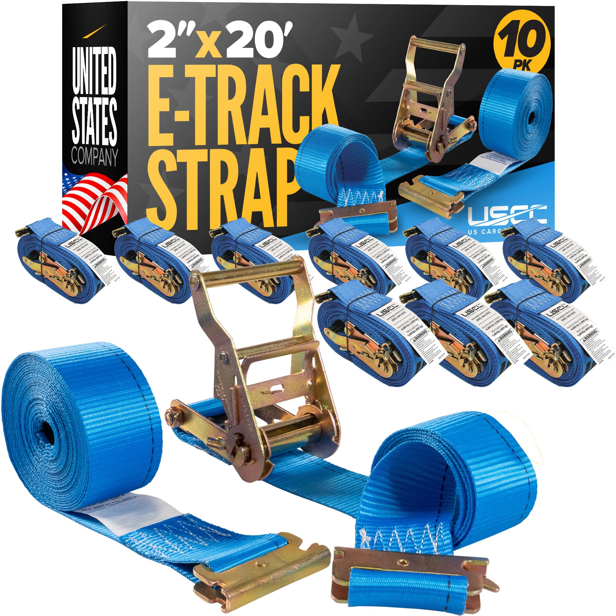 US Cargo Control E-Track Ratchet Straps (10-Pack), 4,400 LBS Break Strength, 2 Inch x 20 Foot Heavy Duty Blue E-Track Straps with 4 Foot Fixed End and