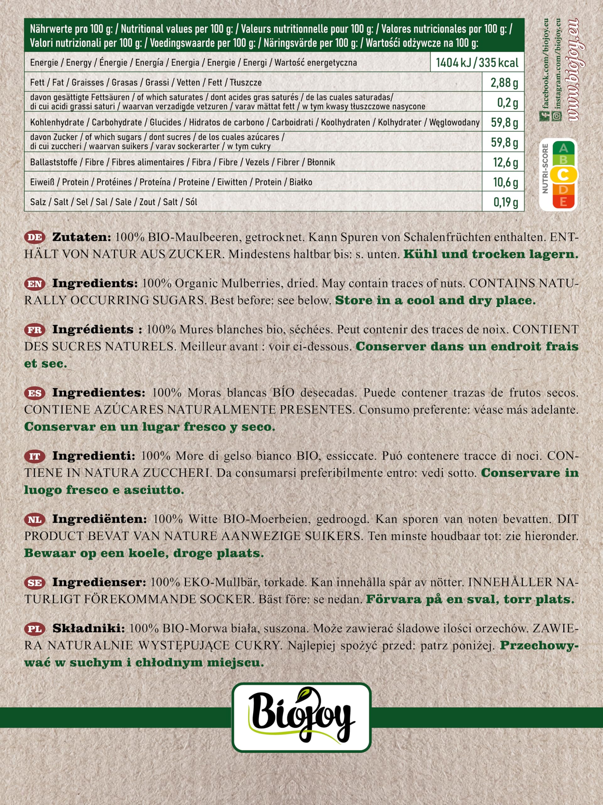 Biojoy More di Gelso bianco BIO (1 kg), essiccate, senza zucchero aggiuntо e senza zolfo
