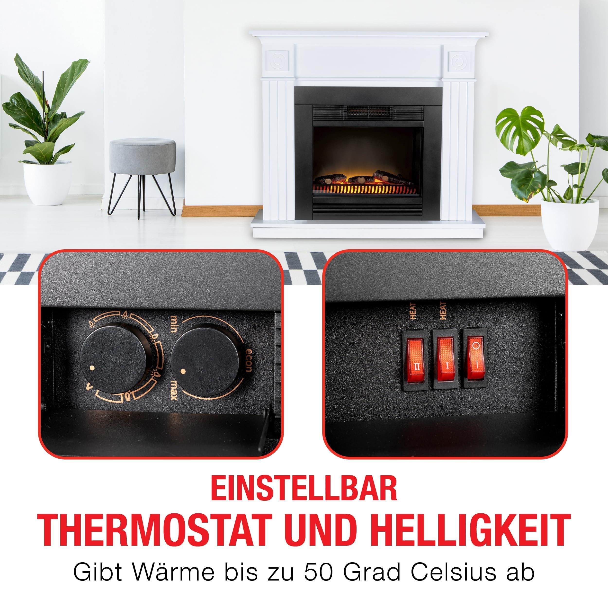 Chicago Camineo Elettrico - Caminetto Elettrico con Riscaldamento, Pannello di Controllo e Timer - Stufa Elettrica con Fiamme LED - 1800W - Modello da Incasso - Nero