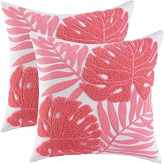 Tosleo Pink Tropical Leaf Embroidered Throw Pillow Covers 18x18 Inch Set...