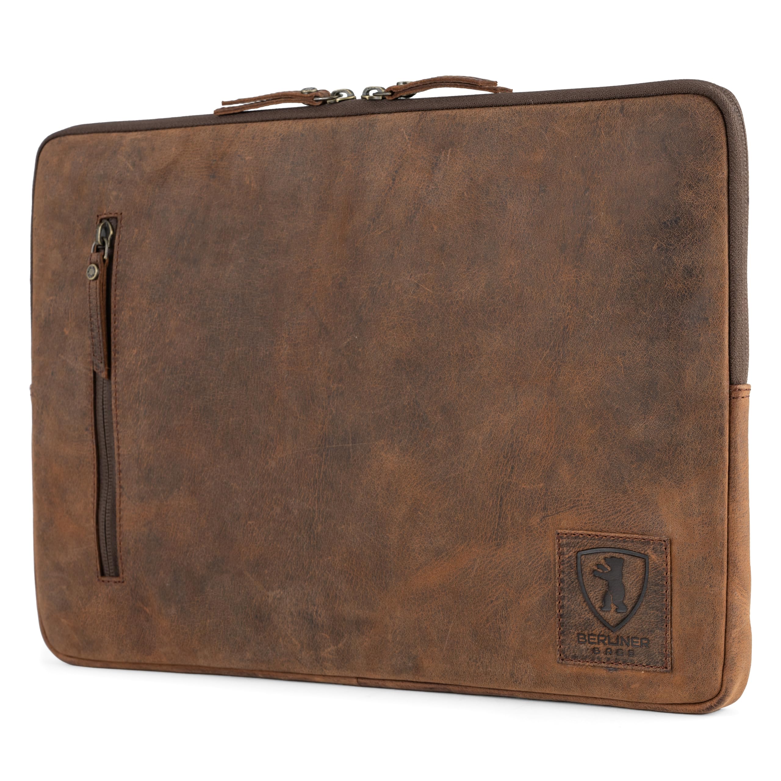 Berliner Bags Custodia per Laptop Nico Pollici in Vera Pelle Bovina, Sleeve Porta Computer con Zip e Tasca Esterna, Unisex – Marrone