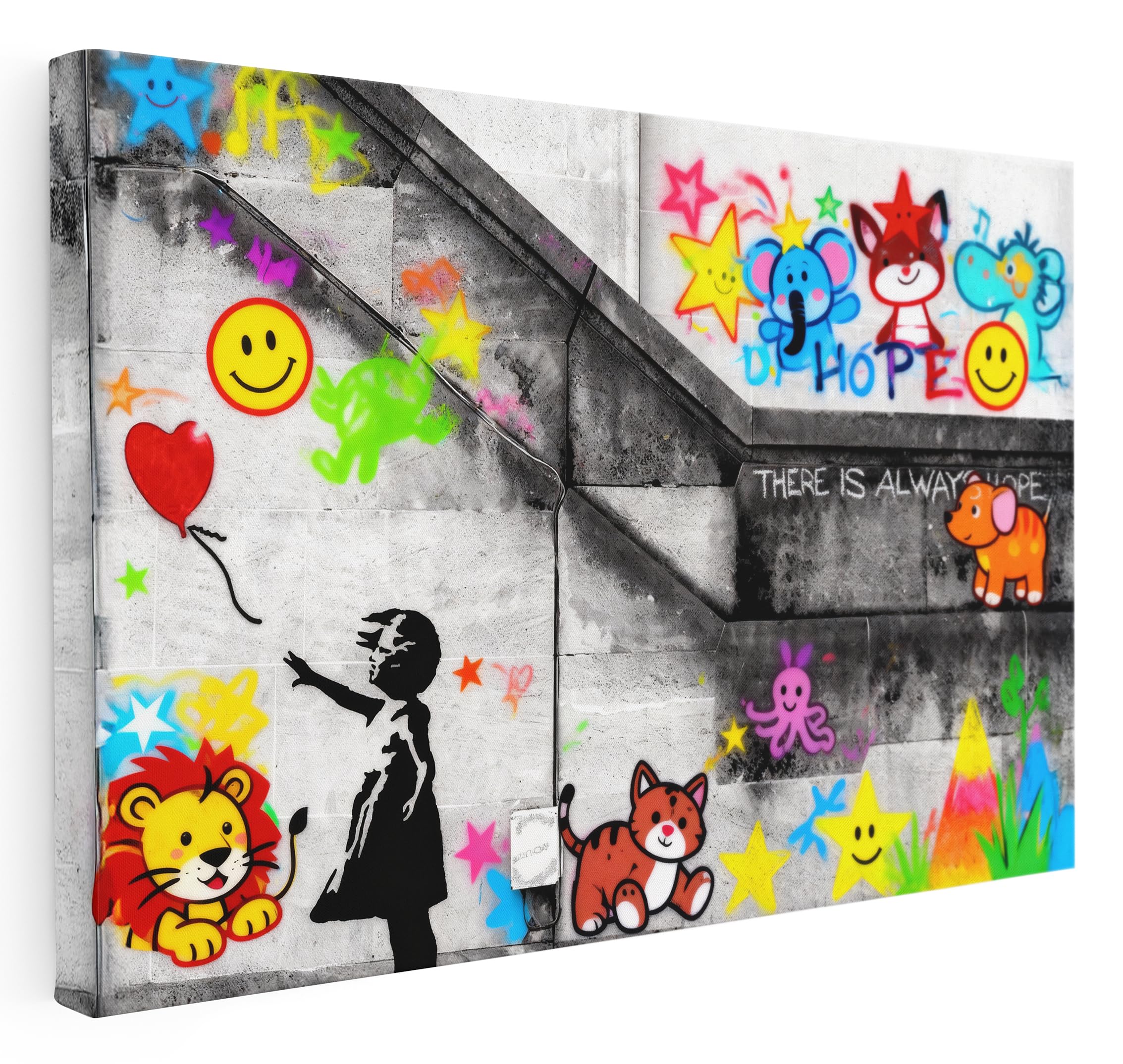 Pastello Banksy Always Hope Smiley Canvas Wall Art – Abstract Wall Art Print for Kid's Room, Living Room, Bedroom, Office, Framed Artwork (31cm x 20cm / 12x8inch)