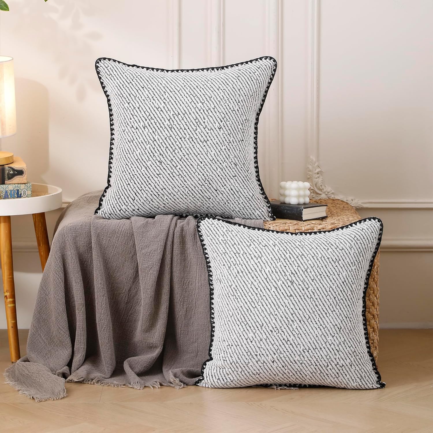 Chenille Throw Pillow Covers 18x18 Inches Set of 2 Pieces Black Cotton Thread Trimmed White Background with Black Stripes Decorative for Living Room Sofa and Bedroom Bed