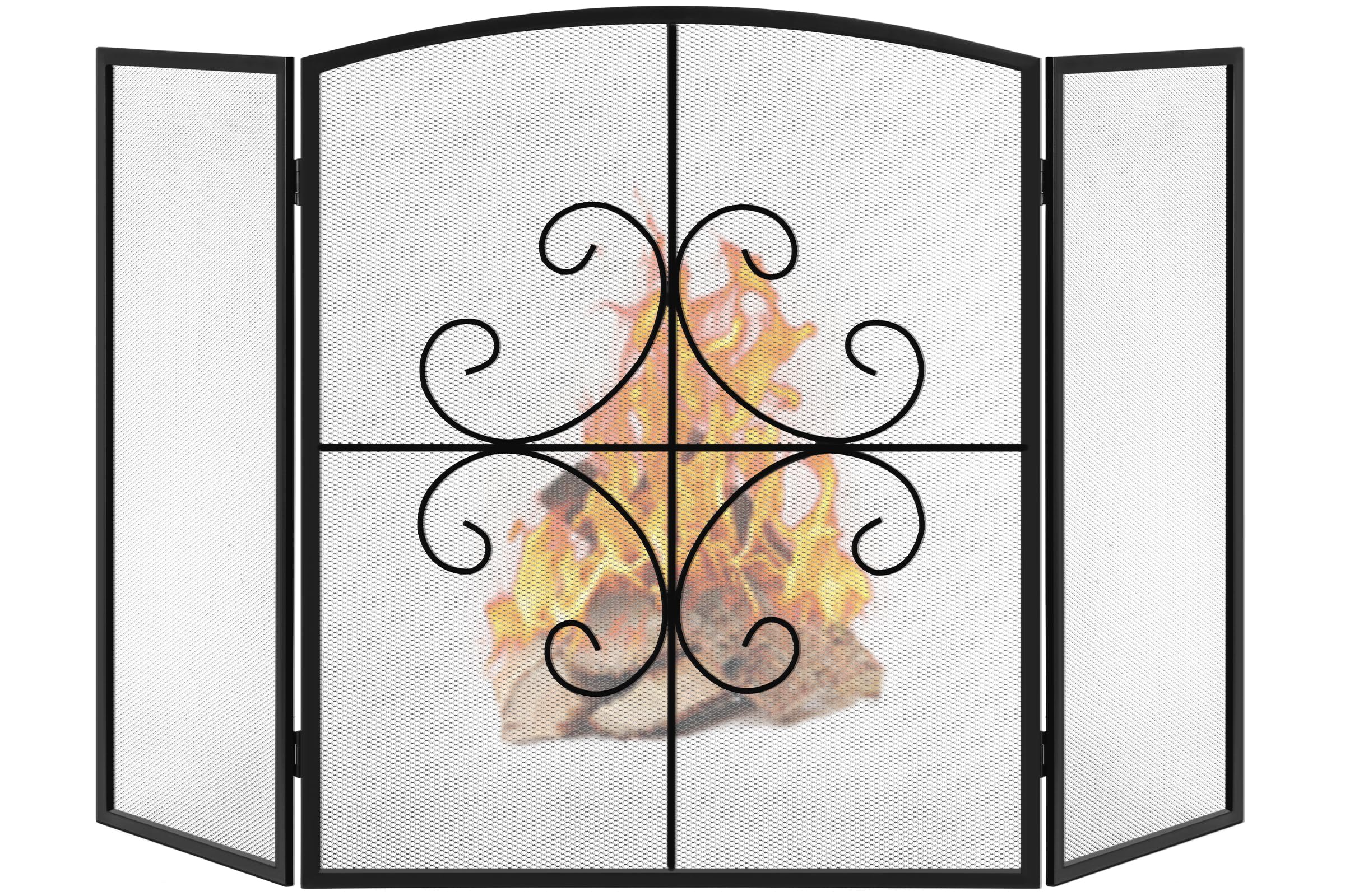Gtongoko 3 Panel Fireplace Screen 48" W x 29" H Wrought Iron Decorative Fire Spark Guard Grate for Living Room Home Decor - Black