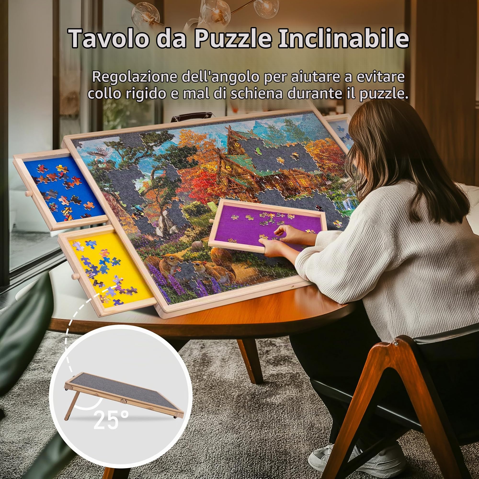 Lavievert Puzzle girevole da 1000 pezzi con 4 cassetti di scorrimento, tavolo puzzle ribaltabile con copertura, altopiano puzzle in legno con tavolo antiscivolo per adulti