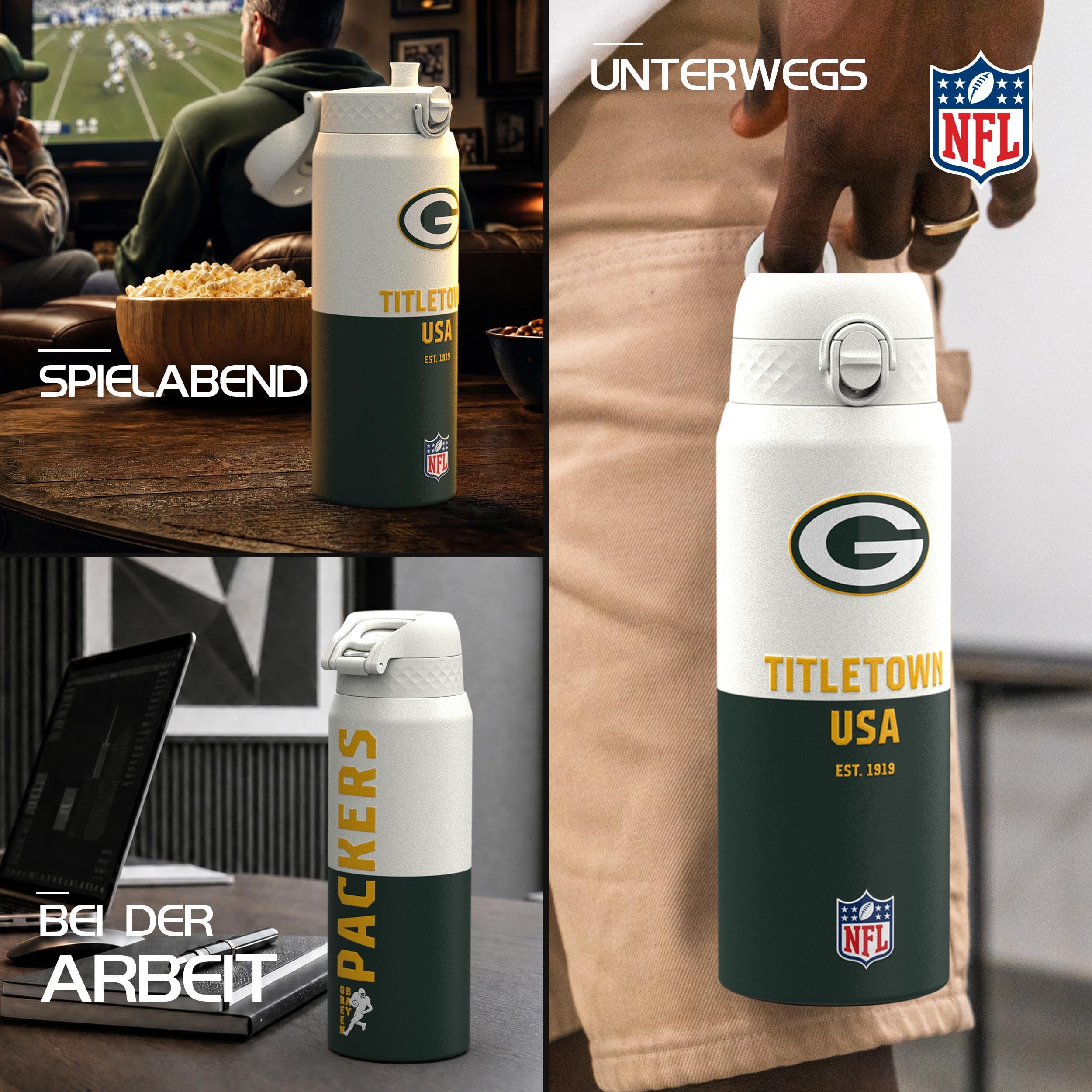 NFL Green Bay Packers Trinkflasche Mit Herausnehmbarem Strohhalm, 750ml/24oz, Auslaufsichere Isolierflasche, Leicht Zu Öffnen, Sicherer Verschluss, Spülmaschinenfest, Klappdeckel, Metallflasche