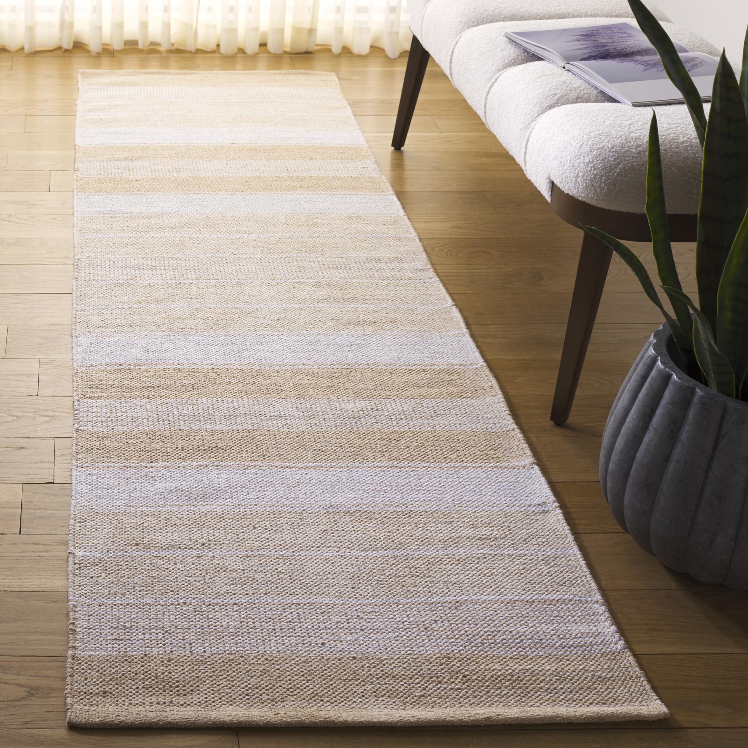 SAFAVIEH Striped Kilim Collection Runner Rug - 2'3" x 8', Ivory & Gold, Flat Weave Cotton Design, Easy Care, Ideal for High Traffic Areas in Living