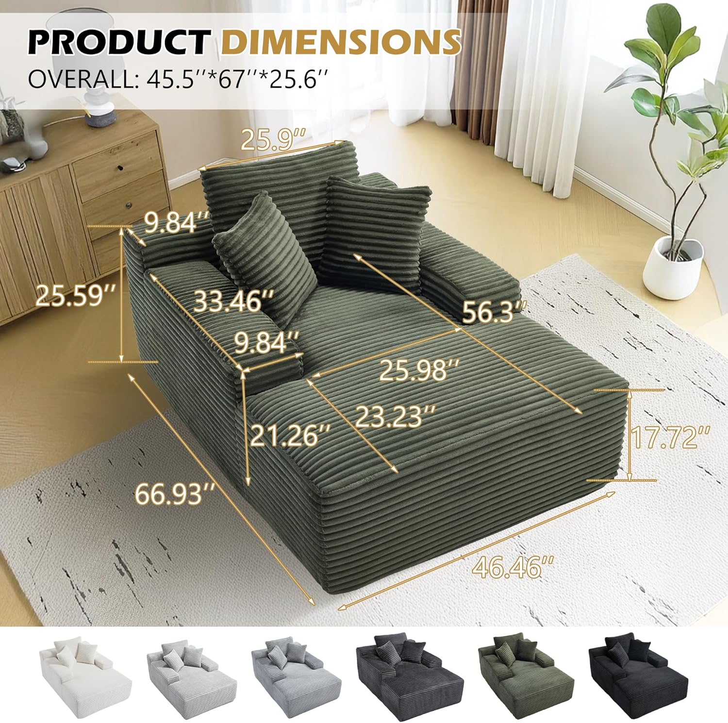 KEIKI 67" Corduroy Chaise Lounge Chair Sofa Bed with 9.9'' Wide Armrests, Oversized Sleeper Sofa, Deep Seat Lounge, Three Pillows, Convertible, No Assembly Required for Living Room, Green